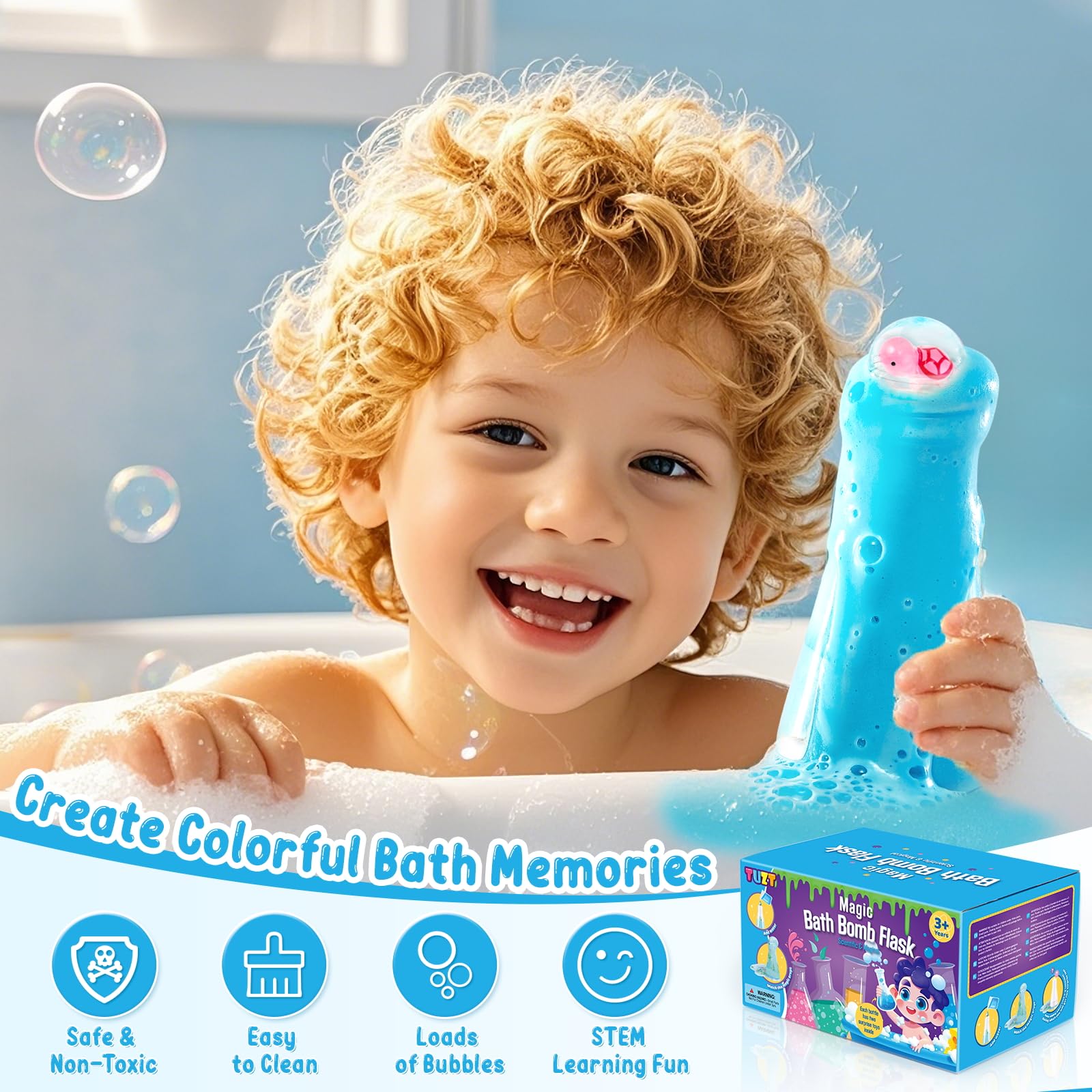 TUZT bubble bath bottles for kids evoke a playful bath time routine with bubbles.