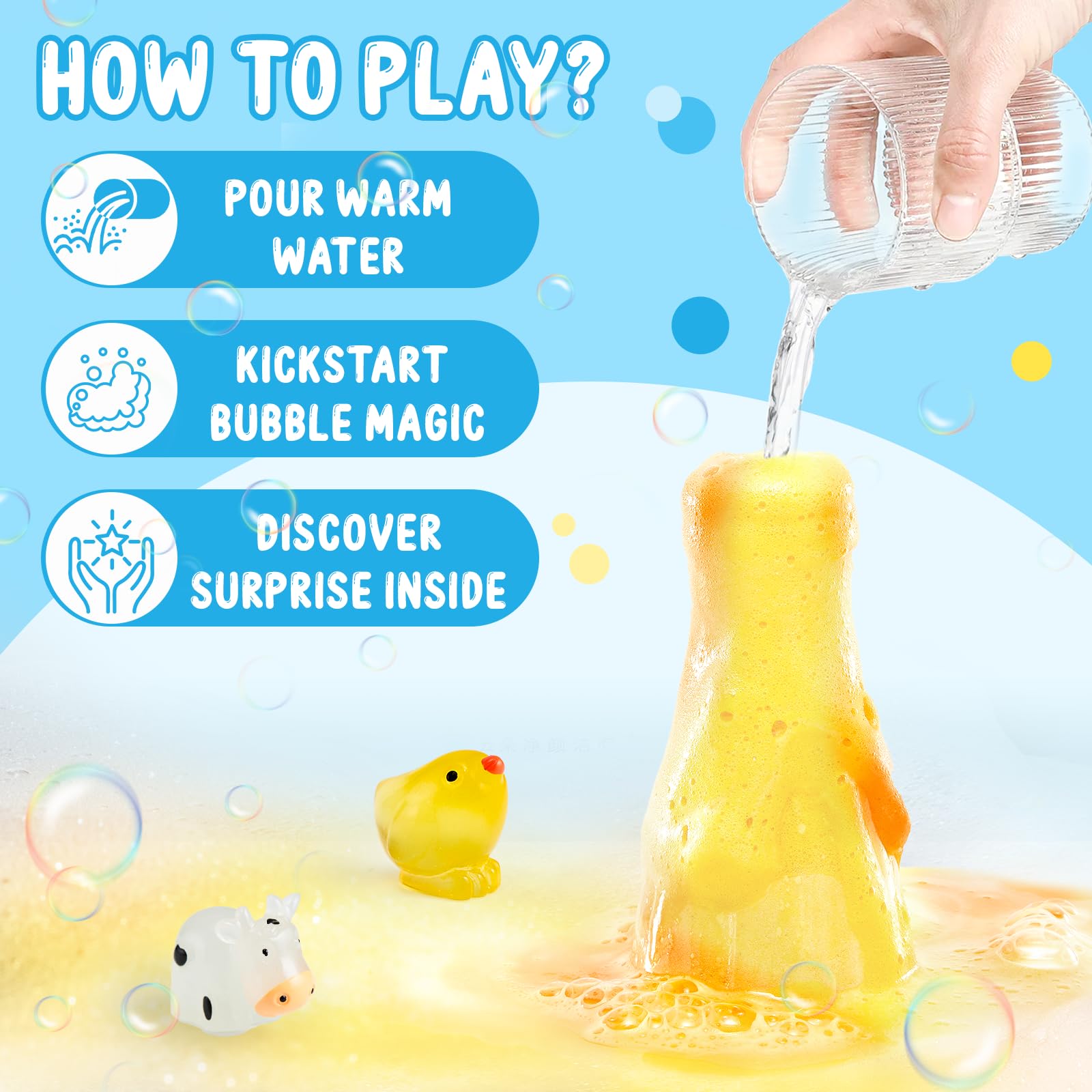 TUZT colorful fizz powders bath image shows vivid colors and bubbly fizz when water activates potions.