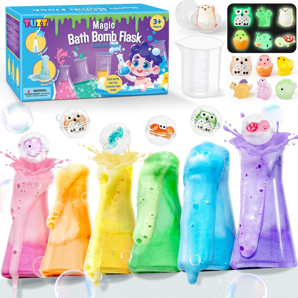 TUZT kids bath bombs potions kit glow set enhances bath time with colorful fizz and surprises.