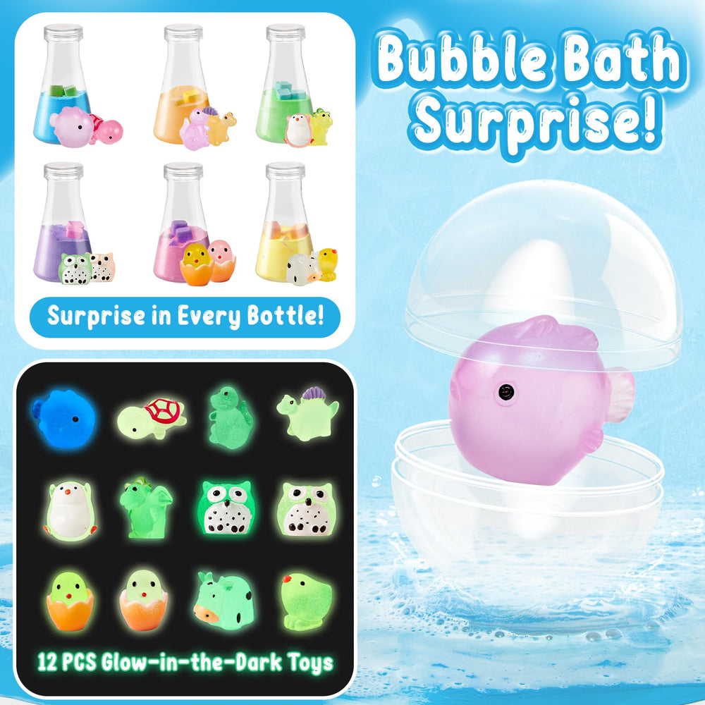 TUZT surprise toys inside bath bombs reveal two hidden toys per bottle for twelve surprises.