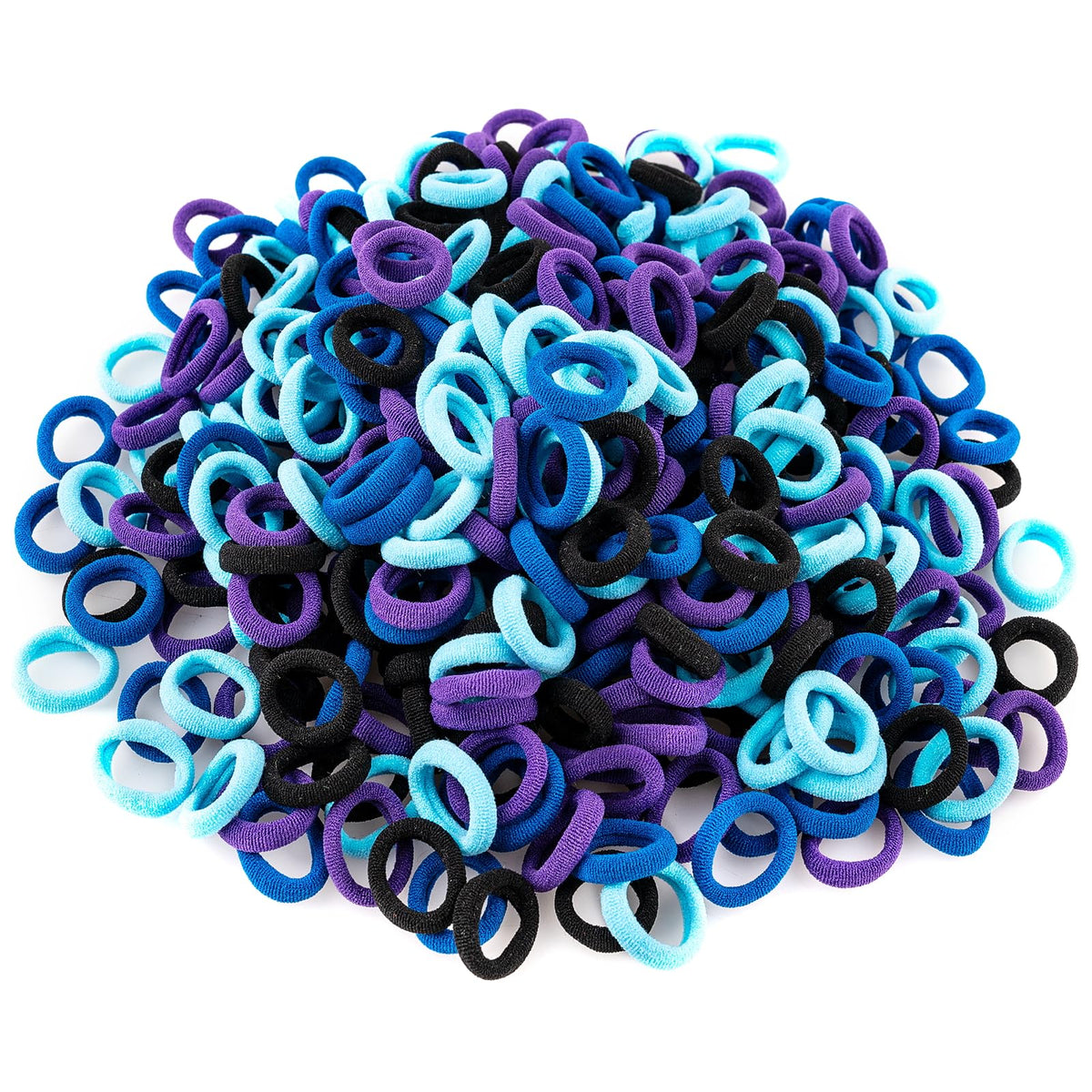 TVINLIK 400pcs baby hair ties mixed blue close-up showing gentle elasticity for kid-friendly hairstyles.
