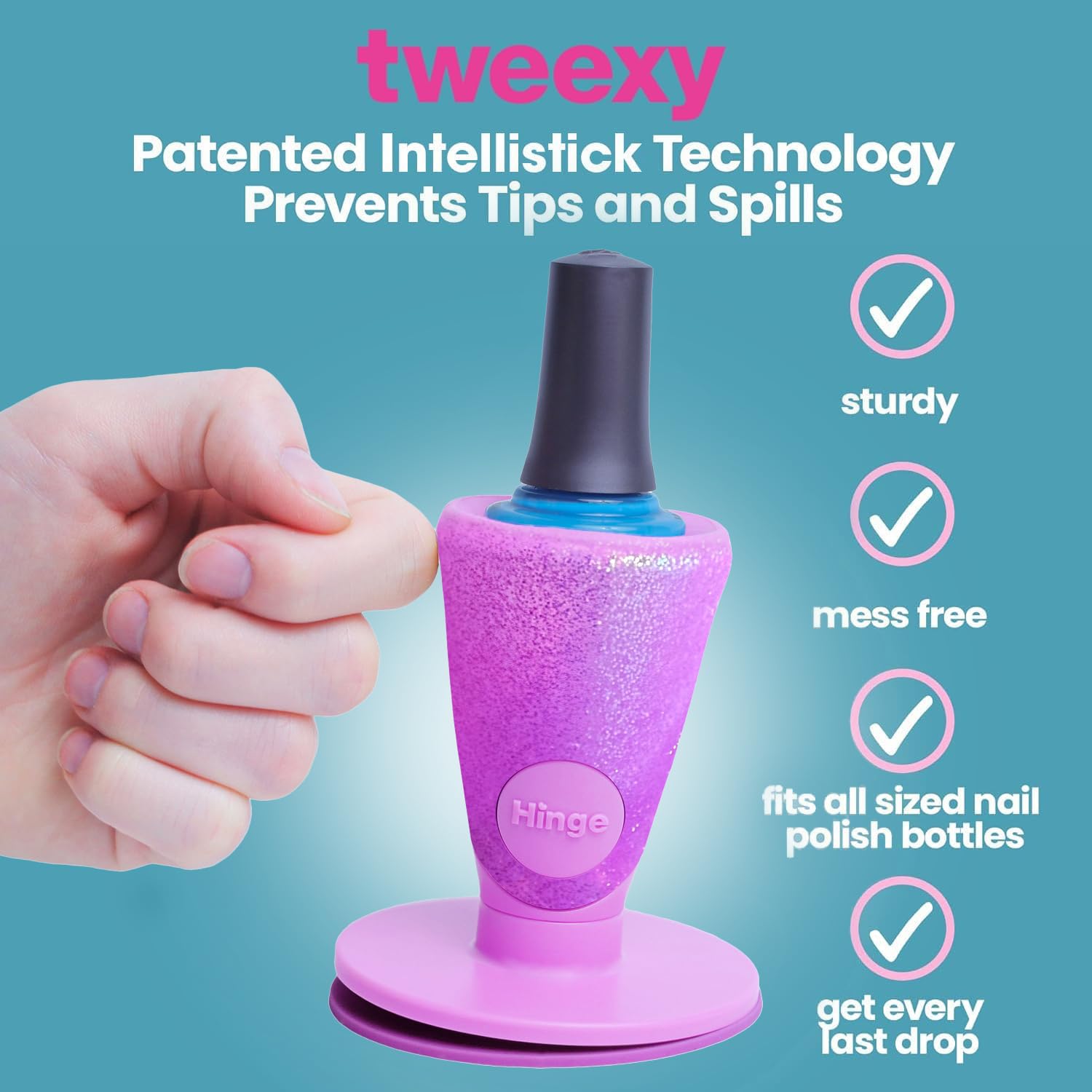 Tweexy Hinge tilted angle supports comfortable, two-handed nail painting.