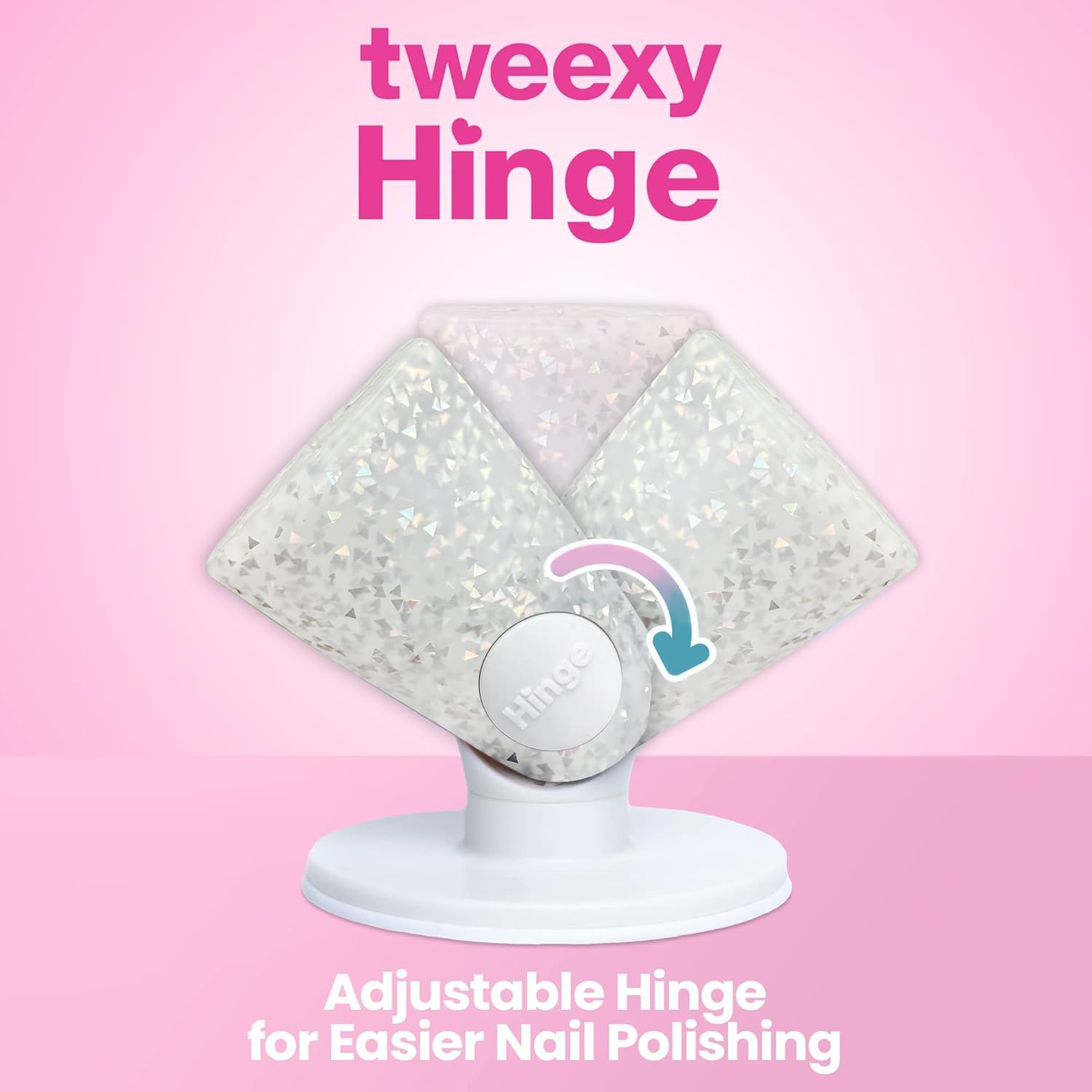 Tweexy Hinge tilted nail art setup in silver sparkle enables comfortable painting angle