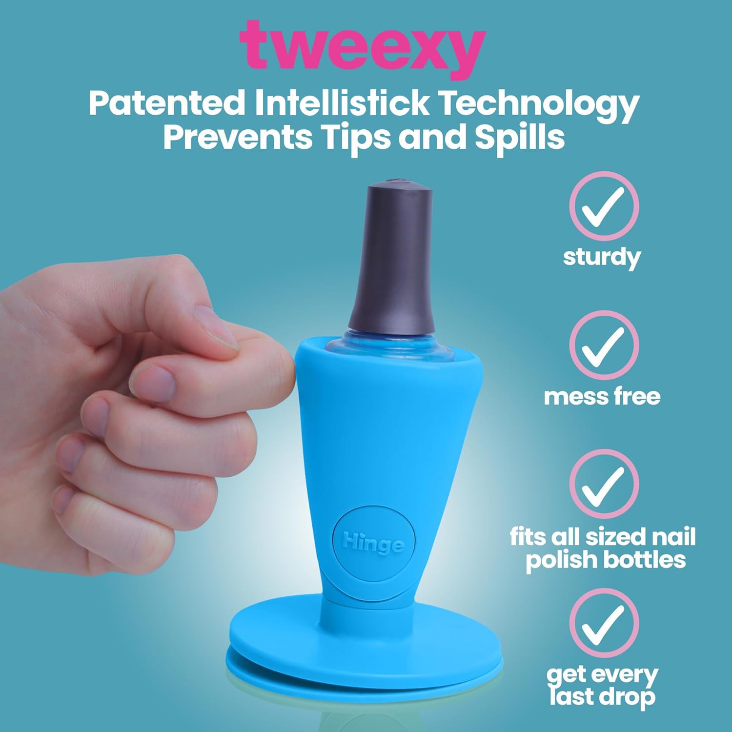 tweexy hinge untippable nail polish bottle holder intellistick suction holds bottle on surface