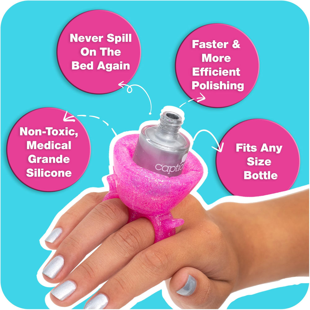 Tweexy Nail Polish Holder Ring angled bottle view highlights quick access during manicure.