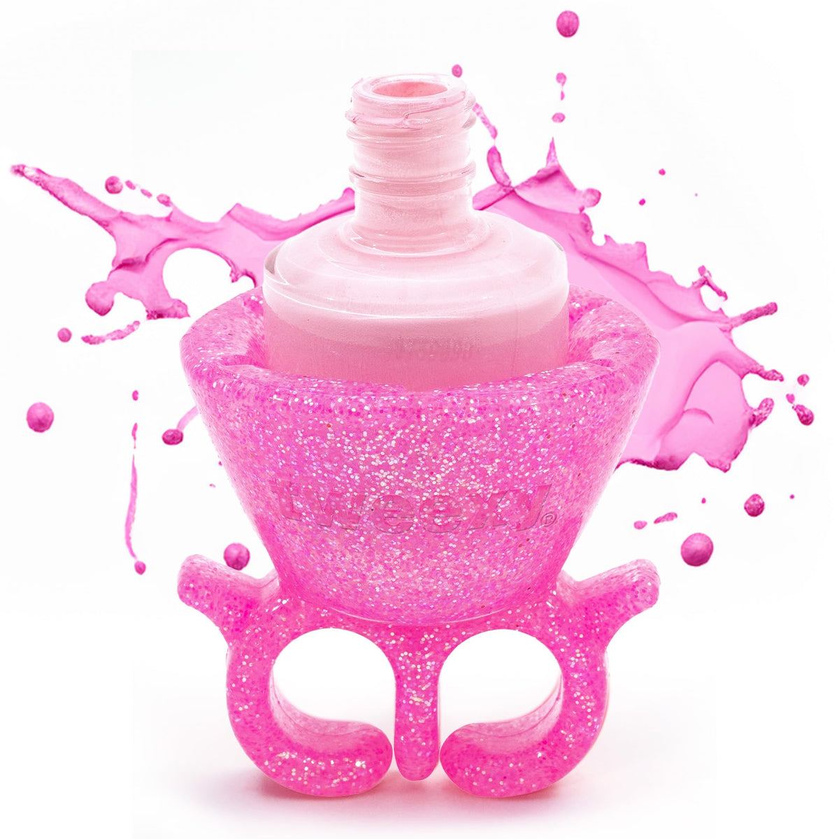 Tweexy Wearable Nail Polish Holder Ring Flamingo Sparkle on finger for steady application.
