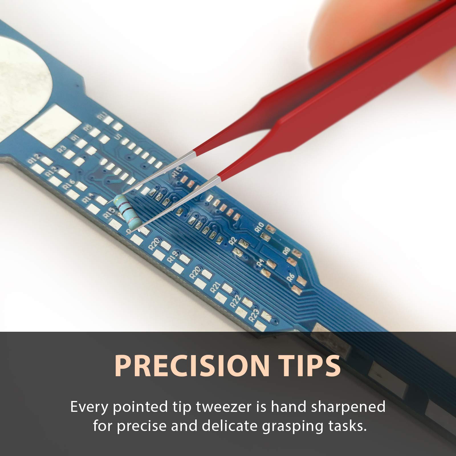 Tweezees closeup pointed-tip tweezers highlighting ultra-sharp tips for precision.