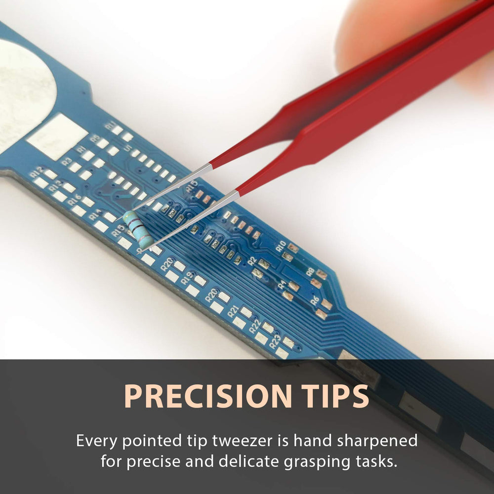 Tweezees closeup pointed-tip tweezers highlighting ultra-sharp tips for precision.
