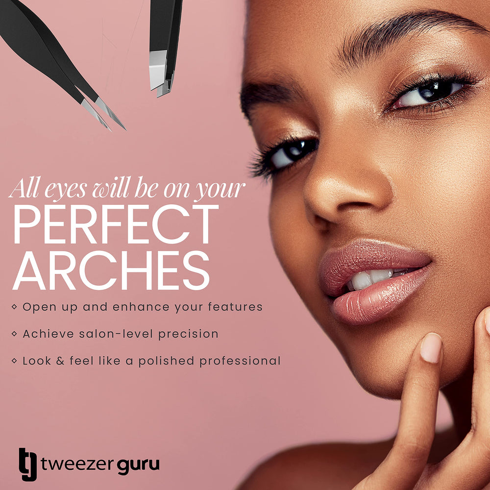 TWEEZER GURU close-up shows precise tip alignment for easy plucking.