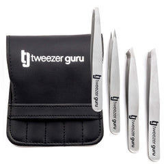 Tweezer Guru eyebrow tweezer set case closeup shows professional precision for grooming on the go
