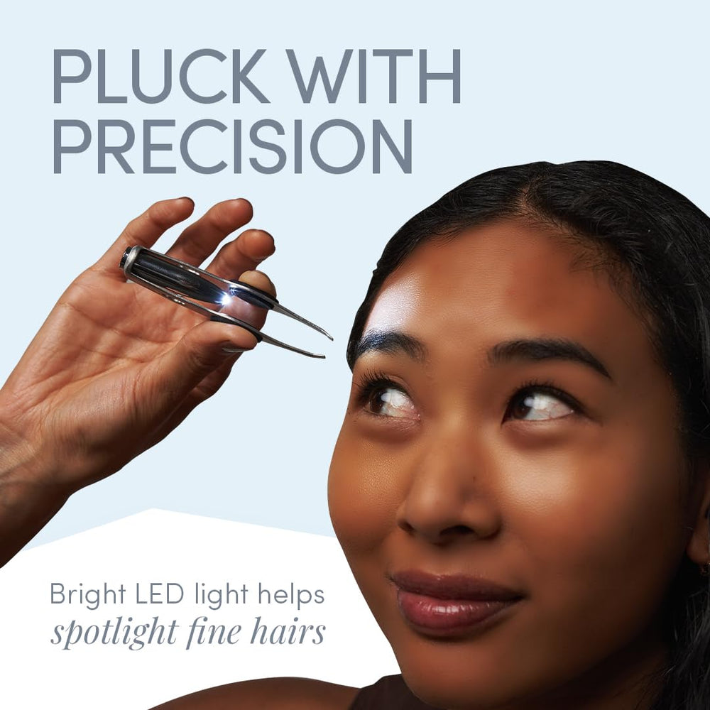 TWEEZER GURU Pro Illuminating Eyebrow Tweezers slanted tip close-up for fine hairs.