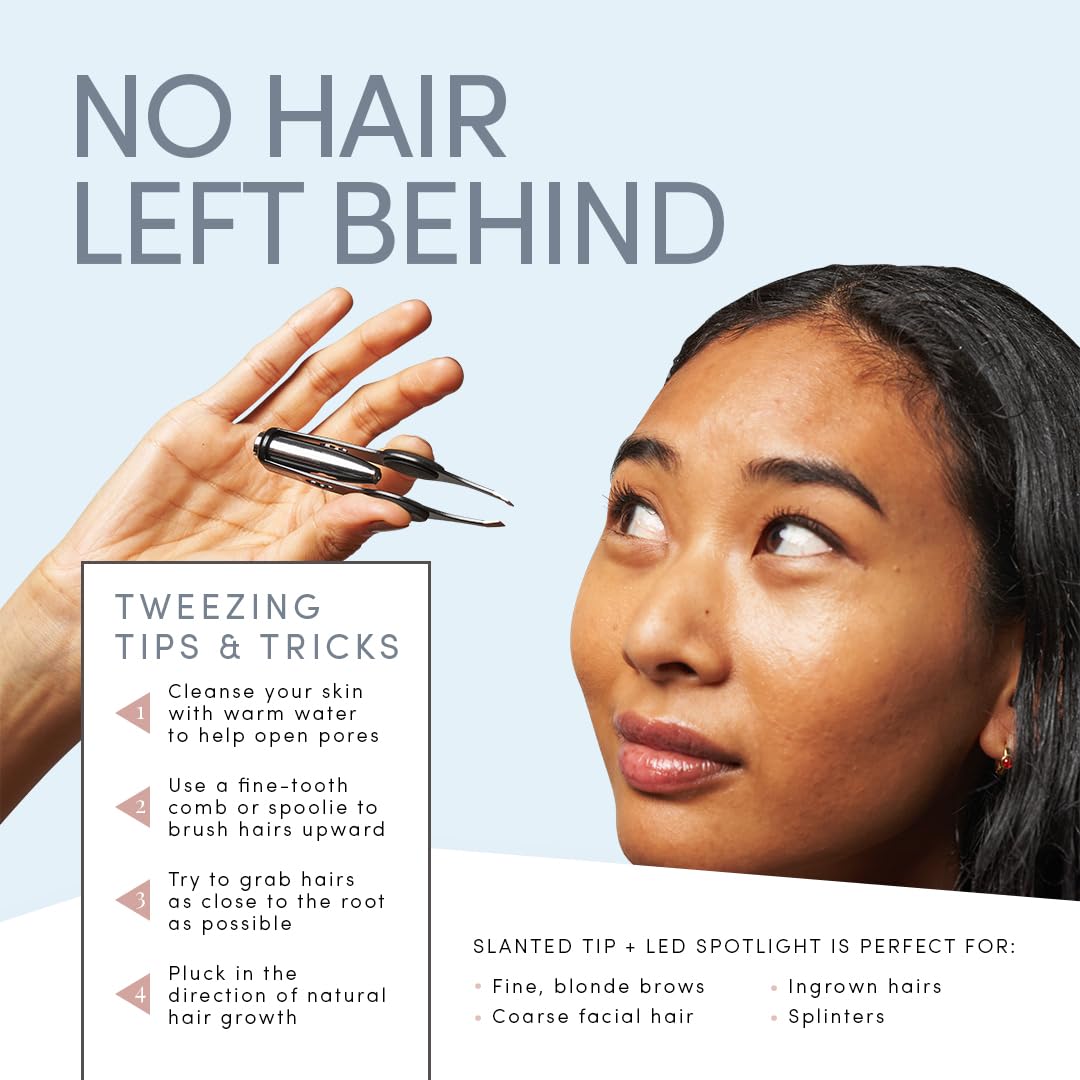 TWEEZER GURU Pro Illuminating Eyebrow Tweezers slanted tip grips hair in close-up.