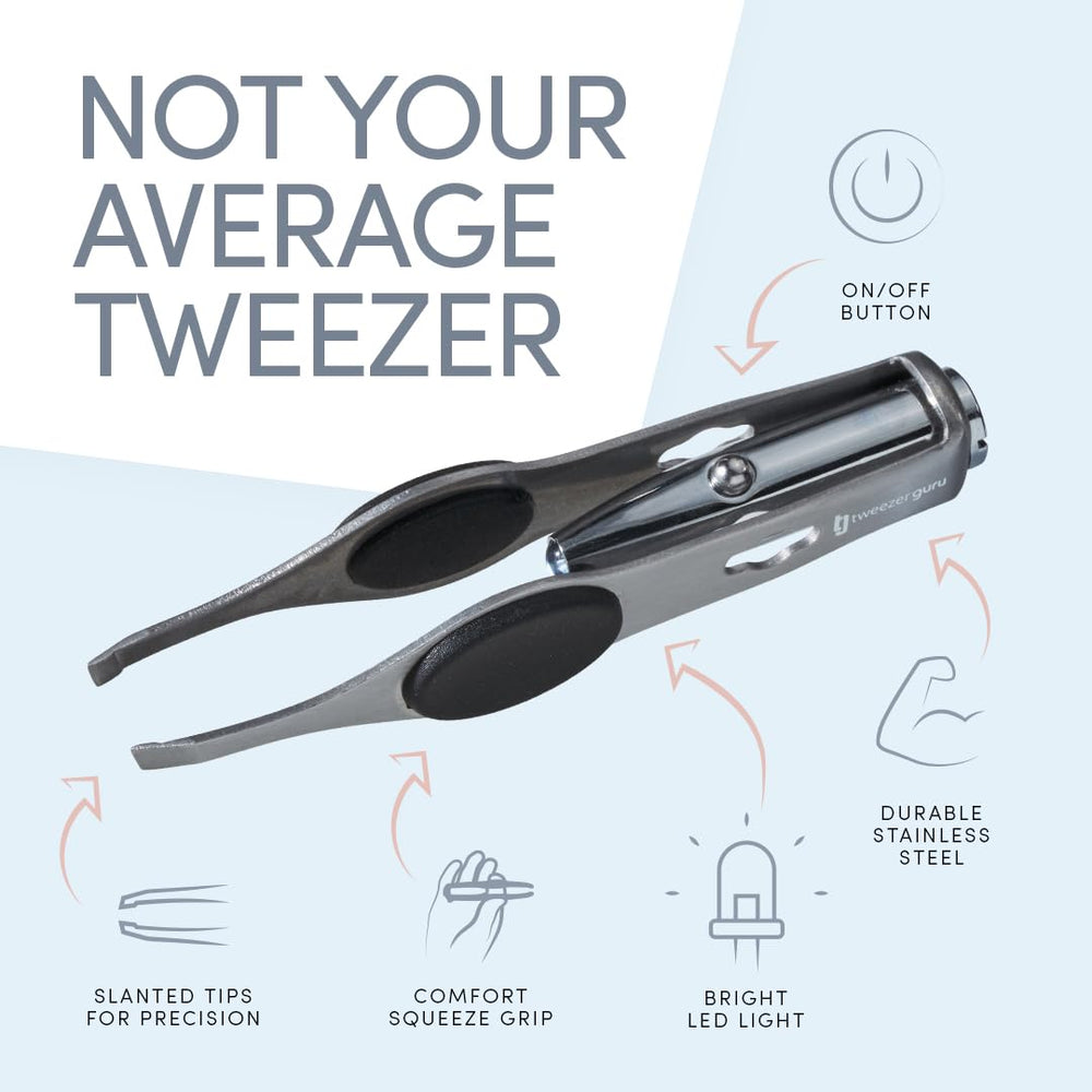 TWEEZER GURU Pro Illuminating Eyebrow Tweezers compact travel-ready kit.
