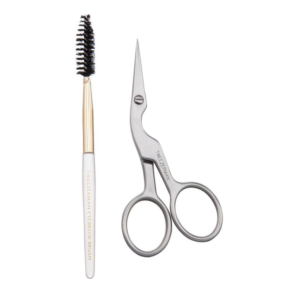 Tweezerman brow shaping scissors close-up shows precise trimming for clean brows