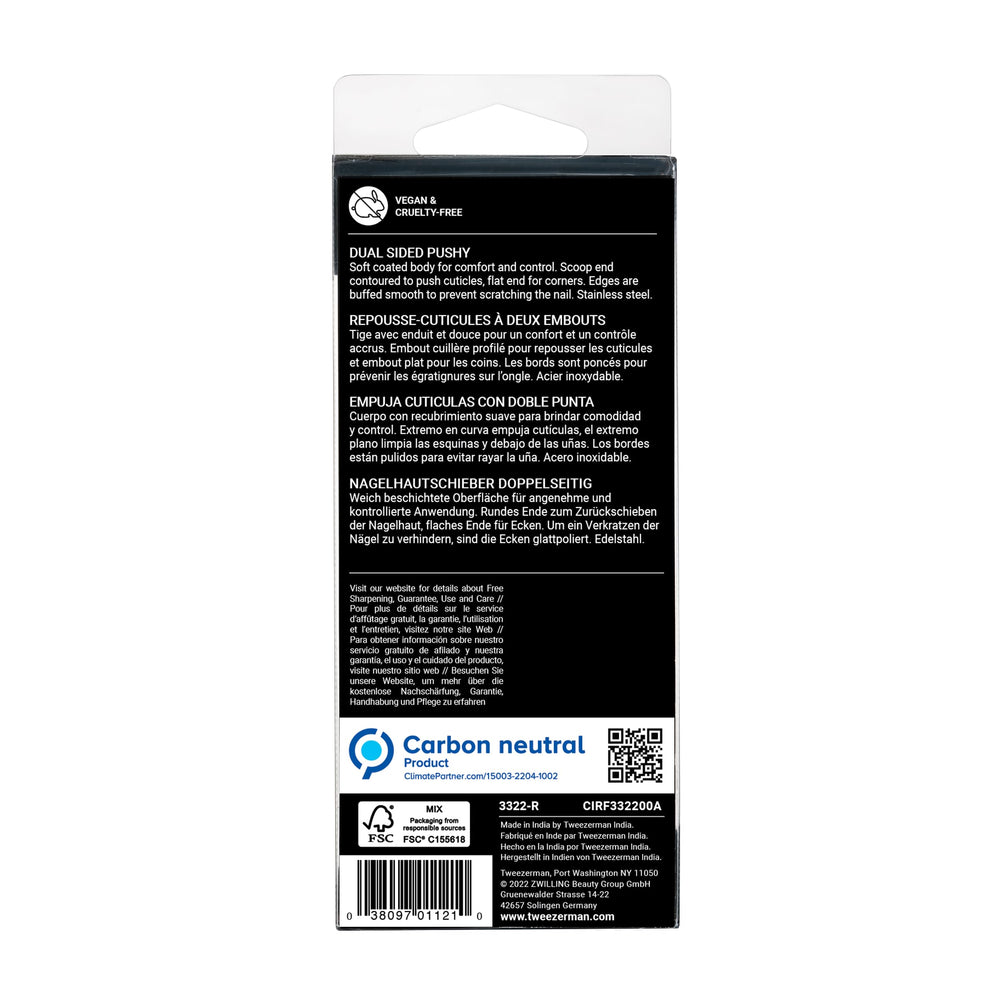 Tweezerman Dual Sided Pushy clean with isopropyl alcohol after use for quick sanitation.