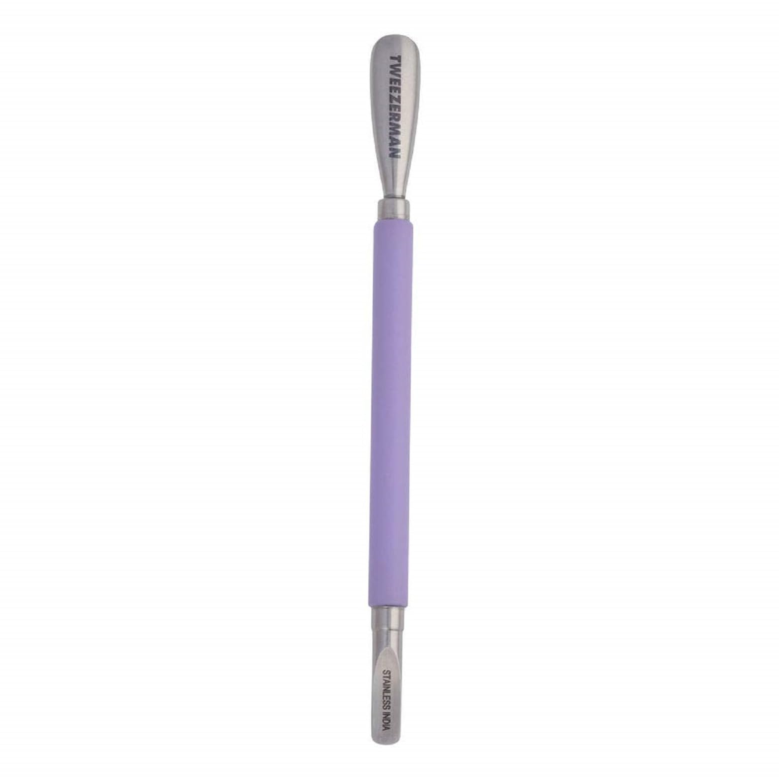 Tweezerman Dual Sided Pushy scoop end for precise cuticle shaping and gentle nail cleaning.