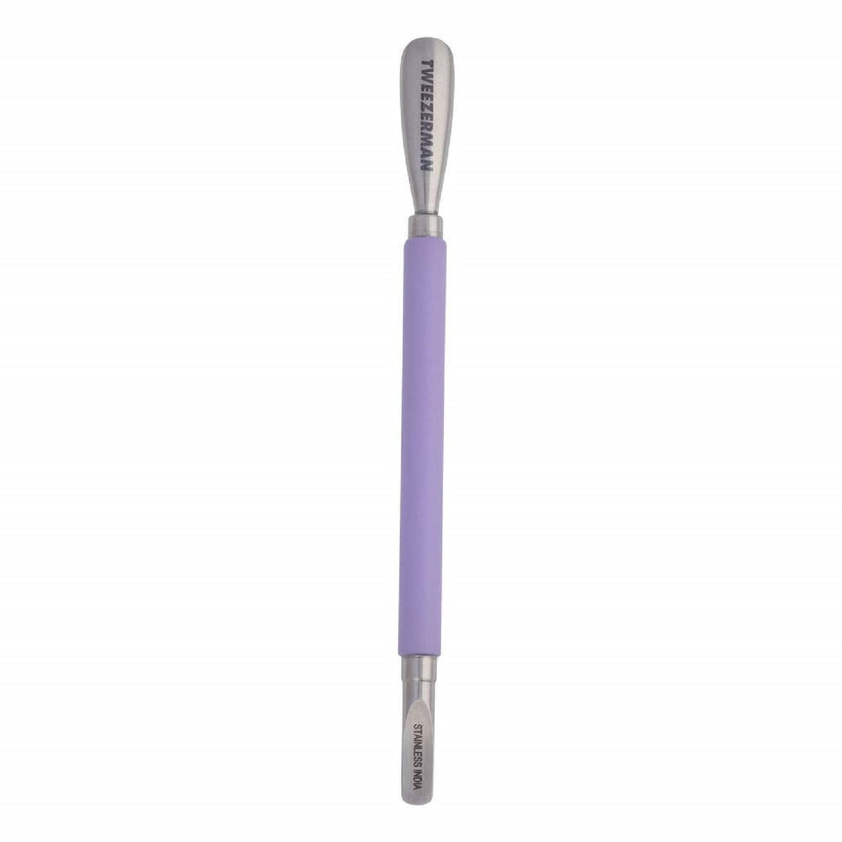 Tweezerman Dual Sided Pushy scoop end for precise cuticle shaping and gentle nail cleaning.