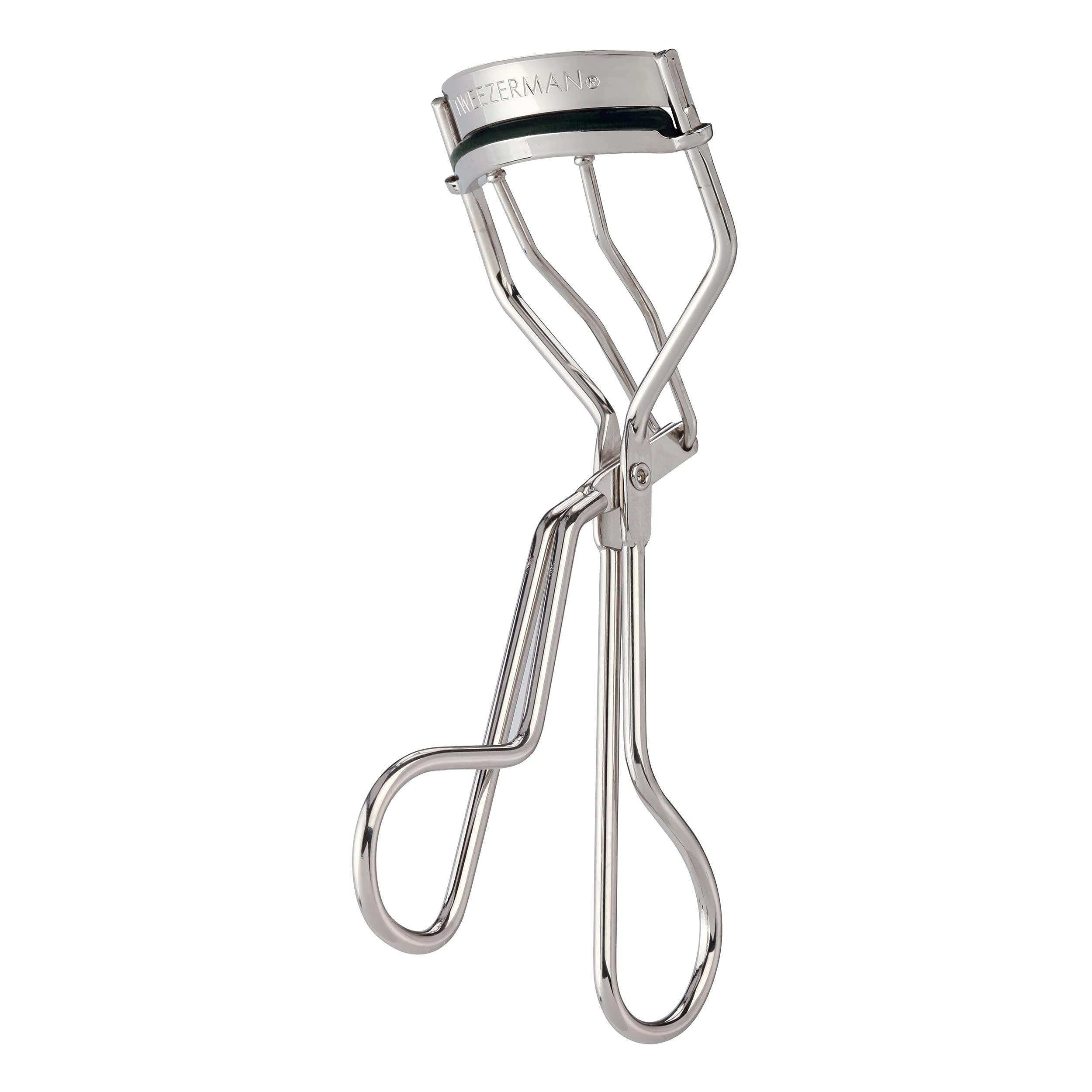 Tweezerman eyelash curler open jaw for precise base-to-tip curling.