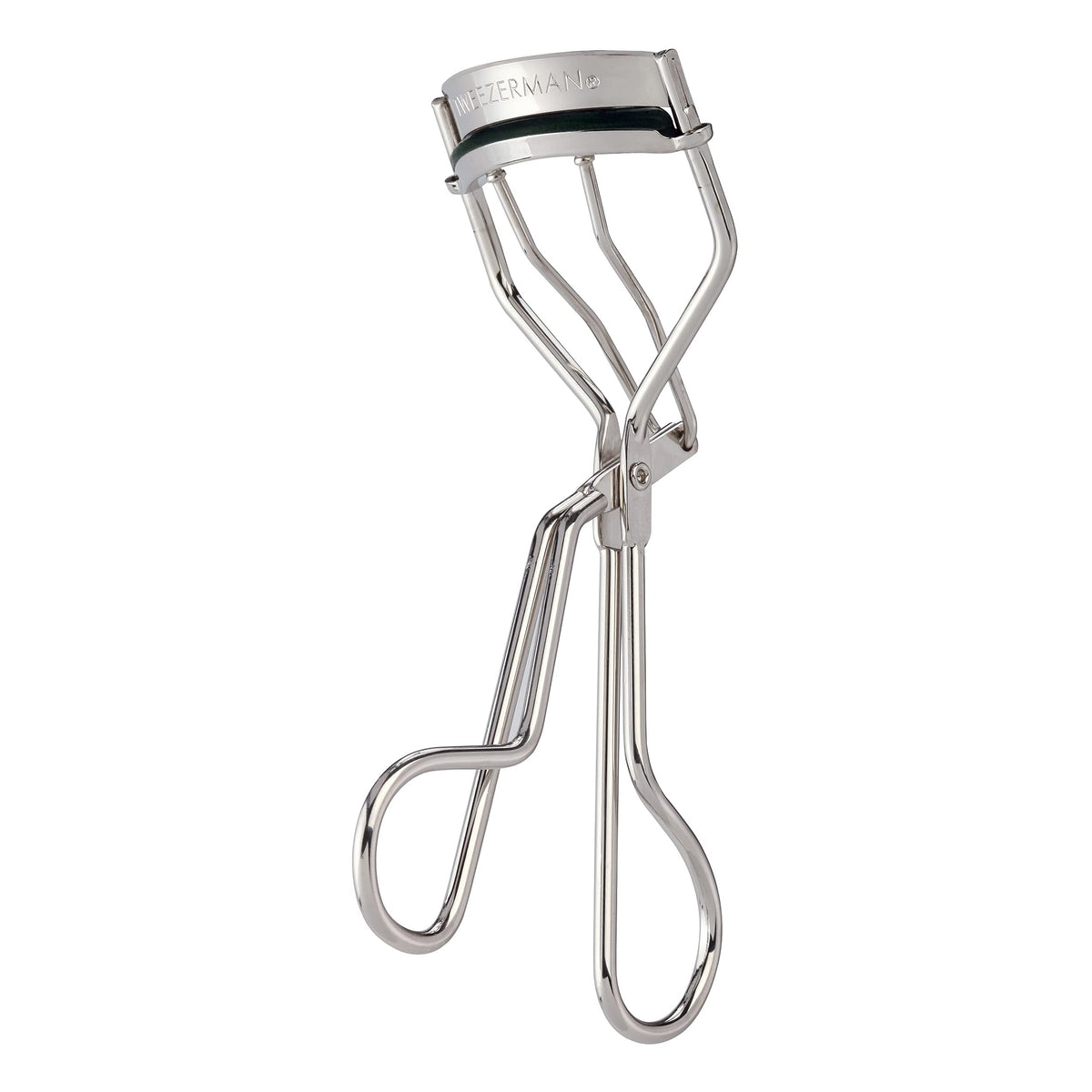 Tweezerman eyelash curler open jaw for precise base-to-tip curling.