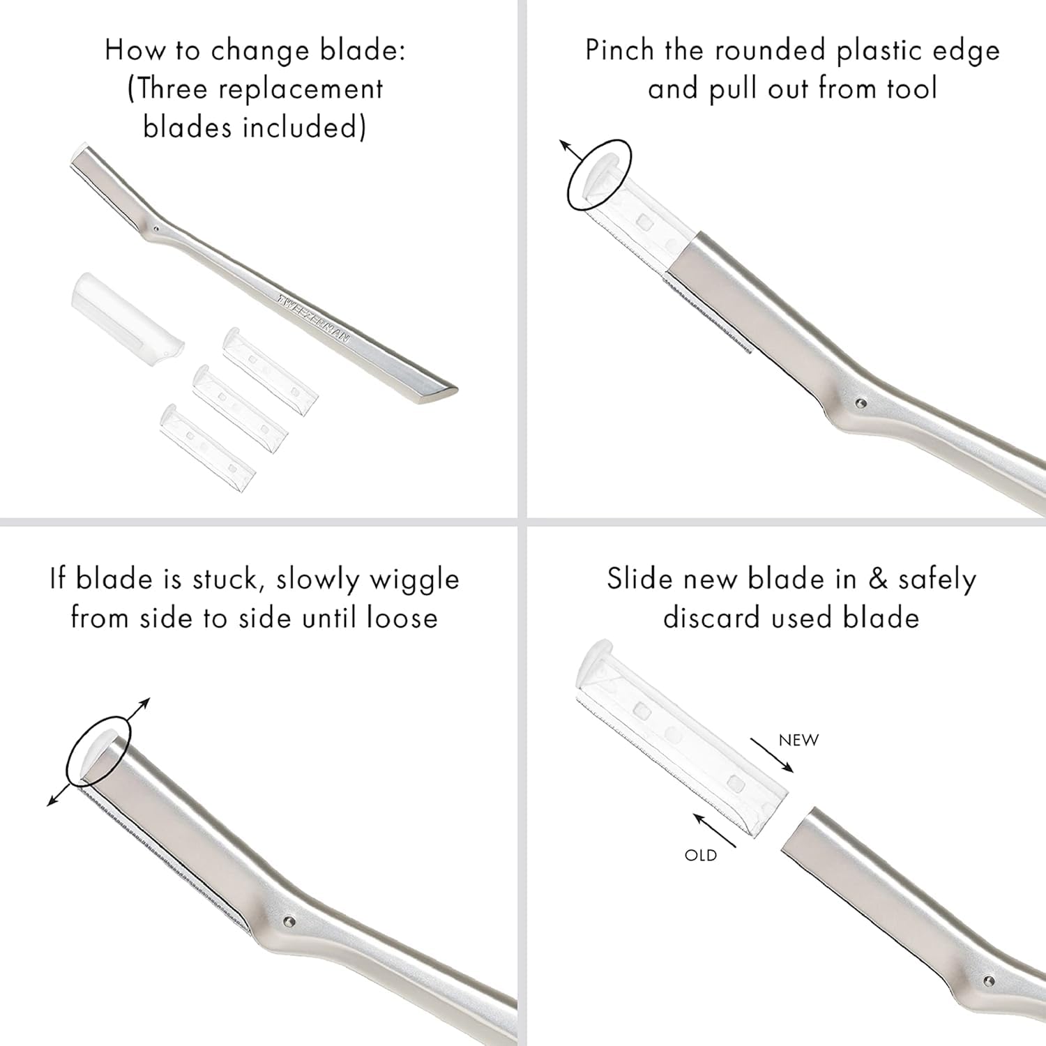 Durable stainless steel Tweezerman blades provide smooth facial hair removal.