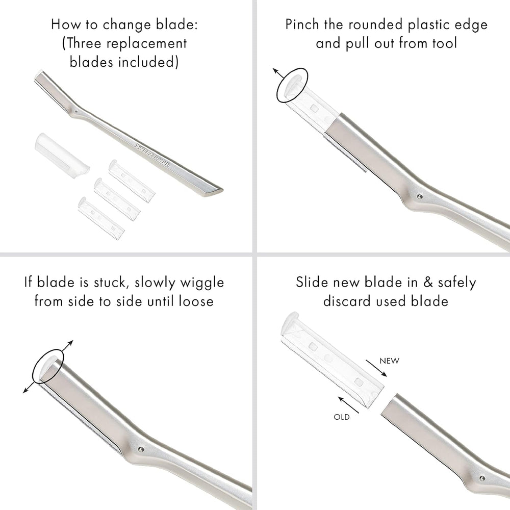 Durable stainless steel Tweezerman blades provide smooth facial hair removal.
