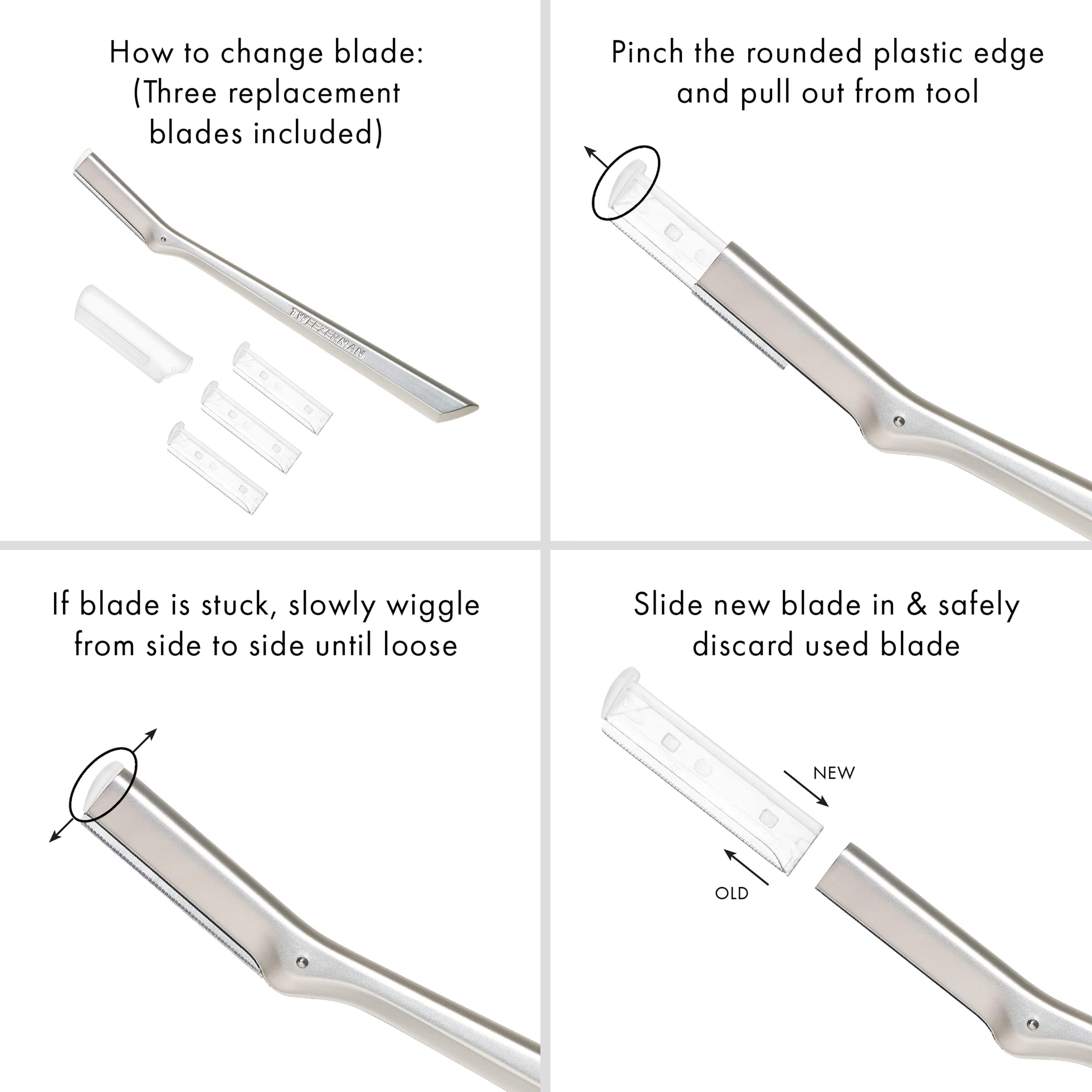 Replacement blades swap quickly on the Tweezerman Facial Razor.
