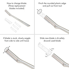 Replacement blades swap quickly on the Tweezerman Facial Razor.