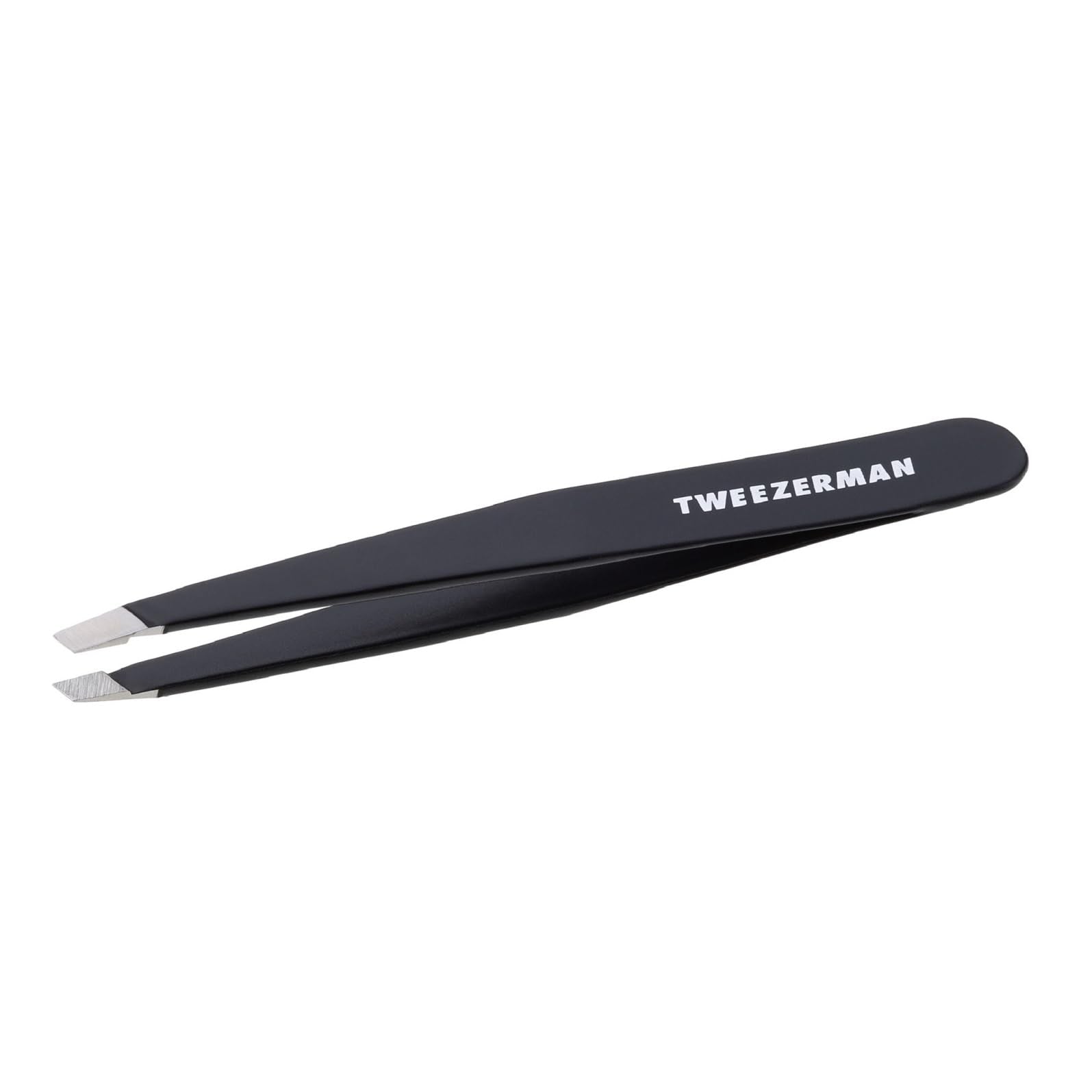 Tweezerman G.E.A.R. Slant Tweezer Midnight closeup highlights precise hand-filed tips for accurate hair removal.