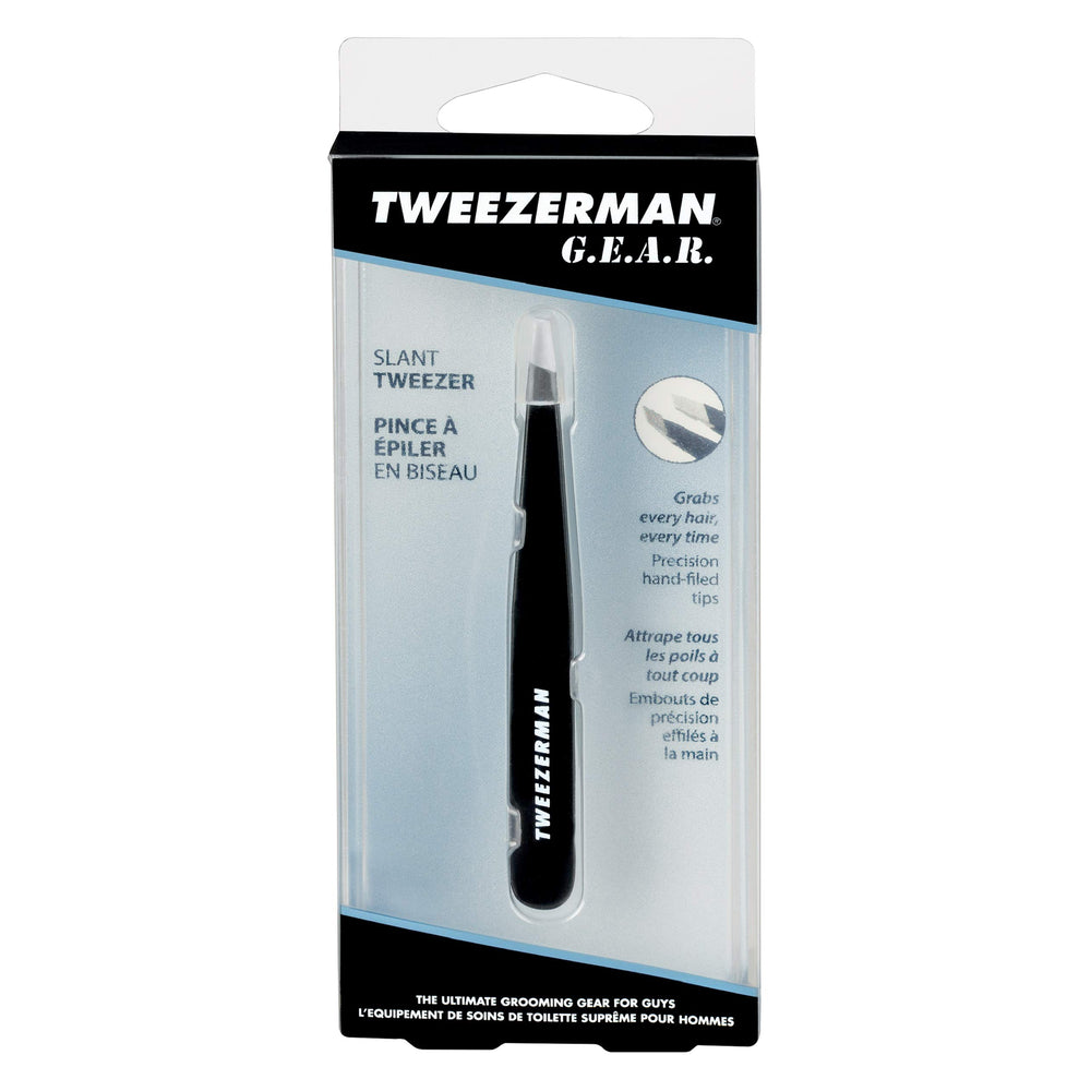 Tweezerman G.E.A.R. Slant Tweezer Midnight durable stainless steel for long-lasting use.