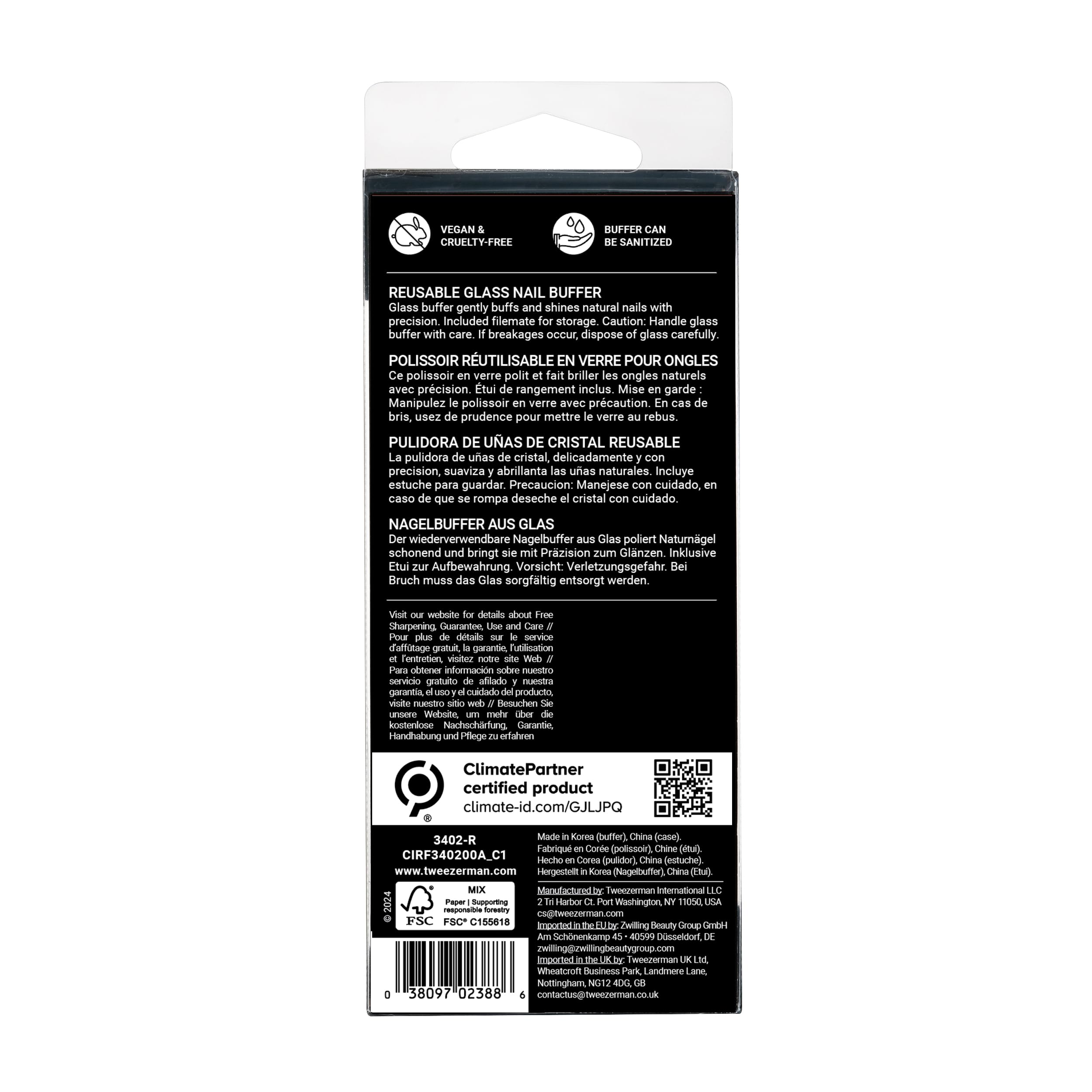 Tweezerman Glass Nail Buffer care tips show easy cleaning after use