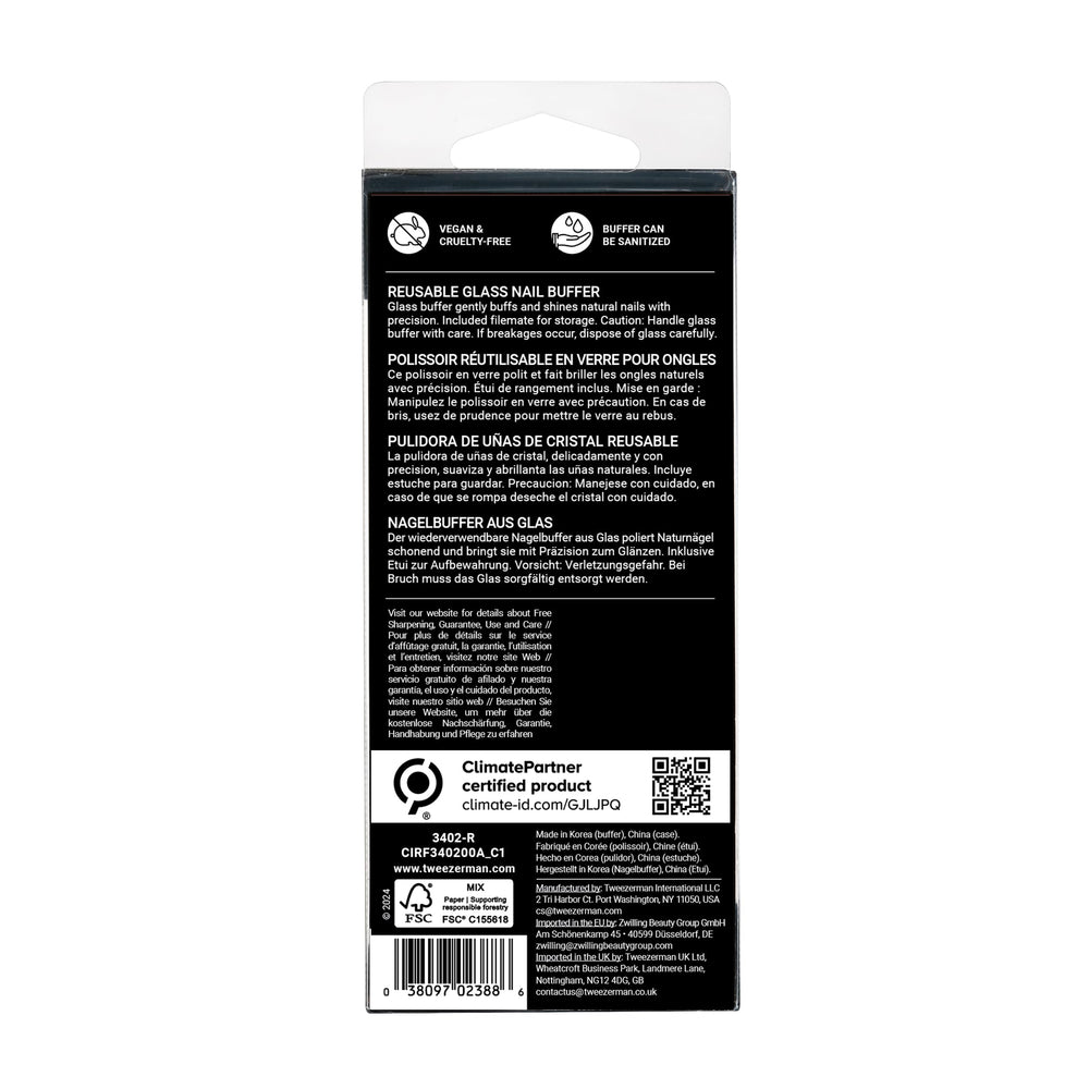 Tweezerman Glass Nail Buffer care tips show easy cleaning after use