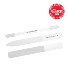 Tweezerman Glass Nailcare Set nail buffer close-up polishes nail bed to shine.