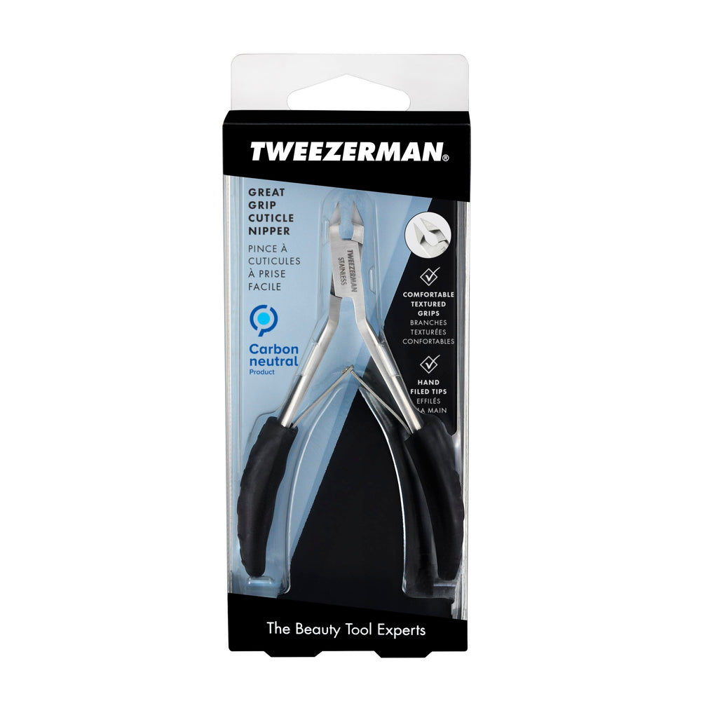 Tweezerman Great Grip Nipper in use at the cuticle line close up.