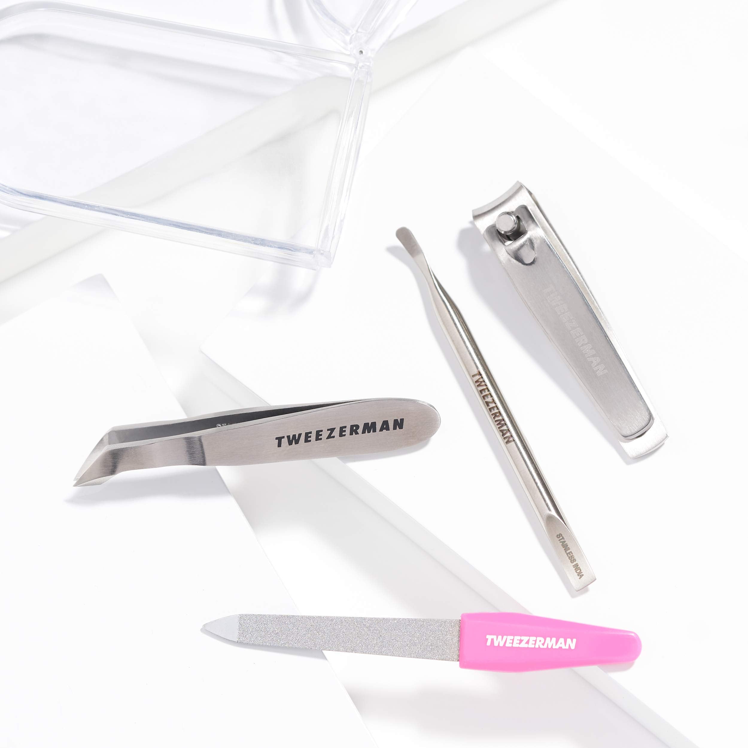 Tweezerman Mini Nail Rescue Kit stainless steel tools convey durability for repeated care routines.