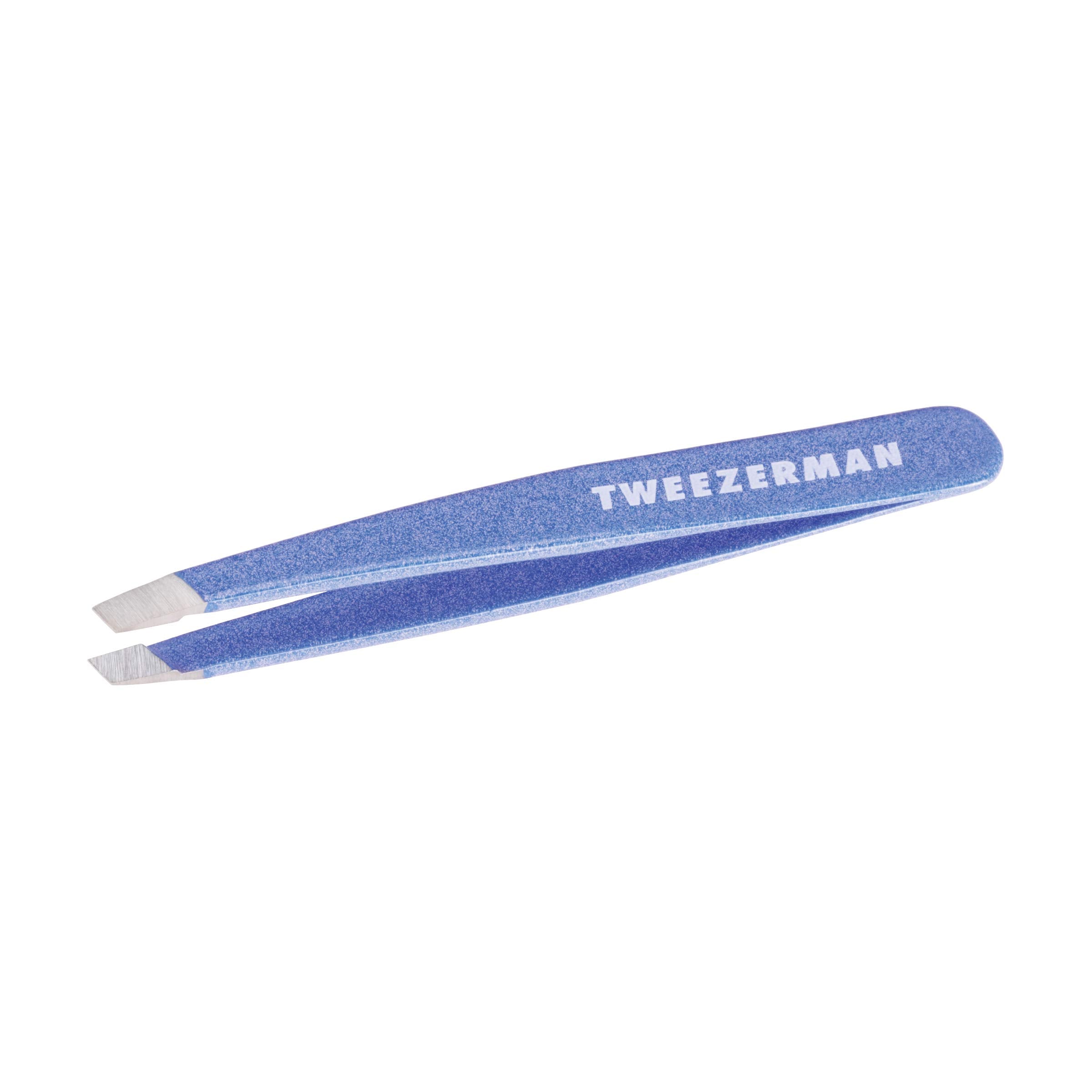 Tweezerman Mini Slant Tweezer Granite Sky closeup for precise brow shaping.