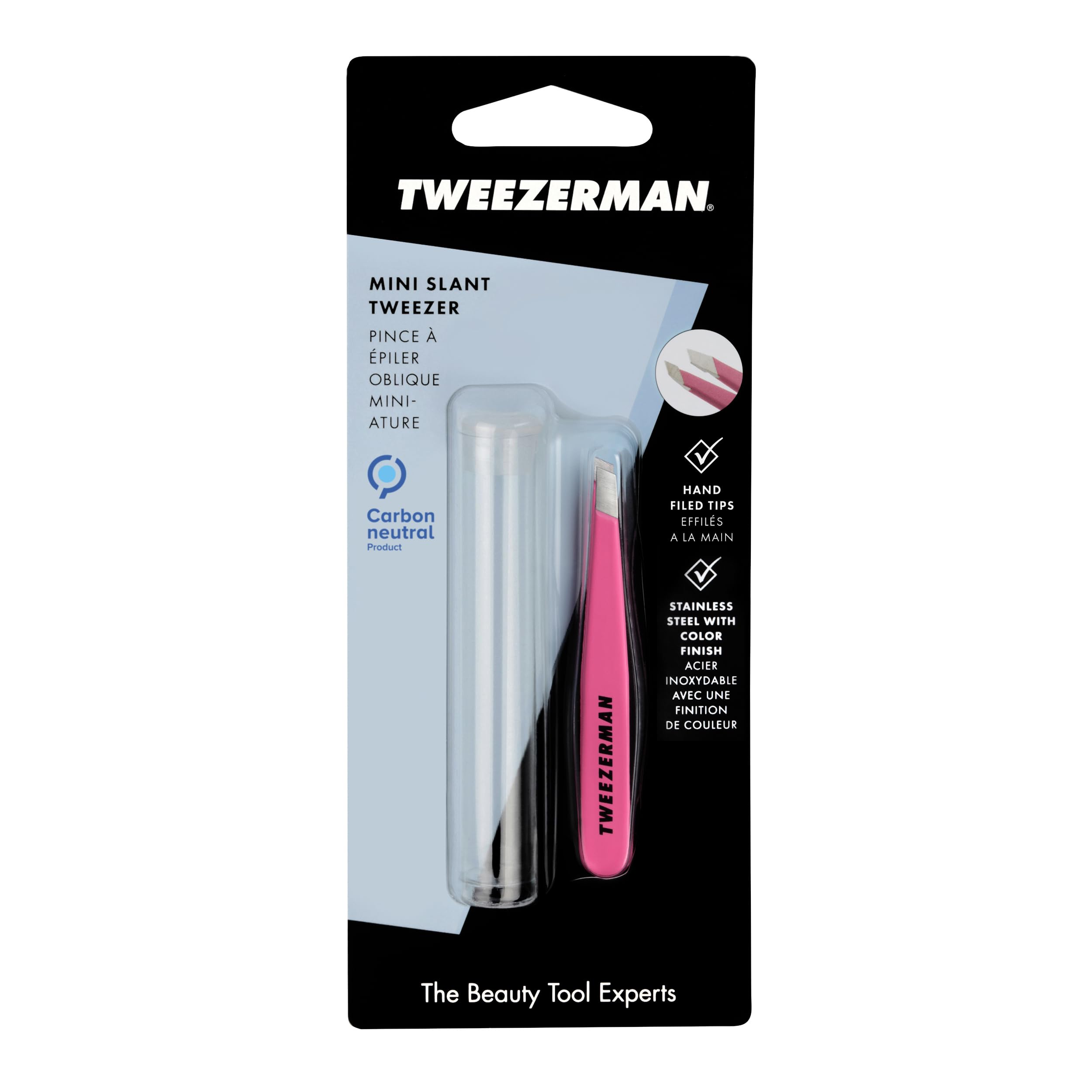 Tweezerman mini slant tweezer neon pink packaging and design