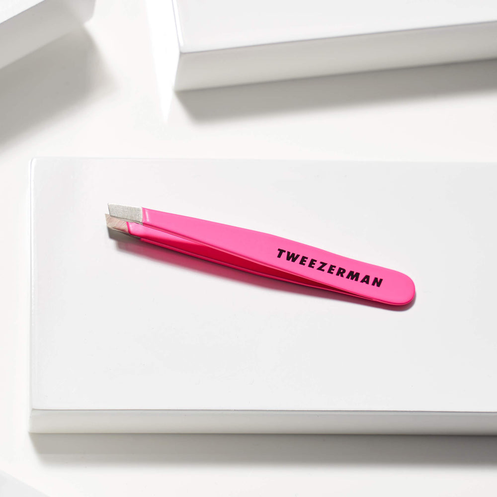 Tweezerman mini slant tweezer neon pink pore prep for comfortable removal