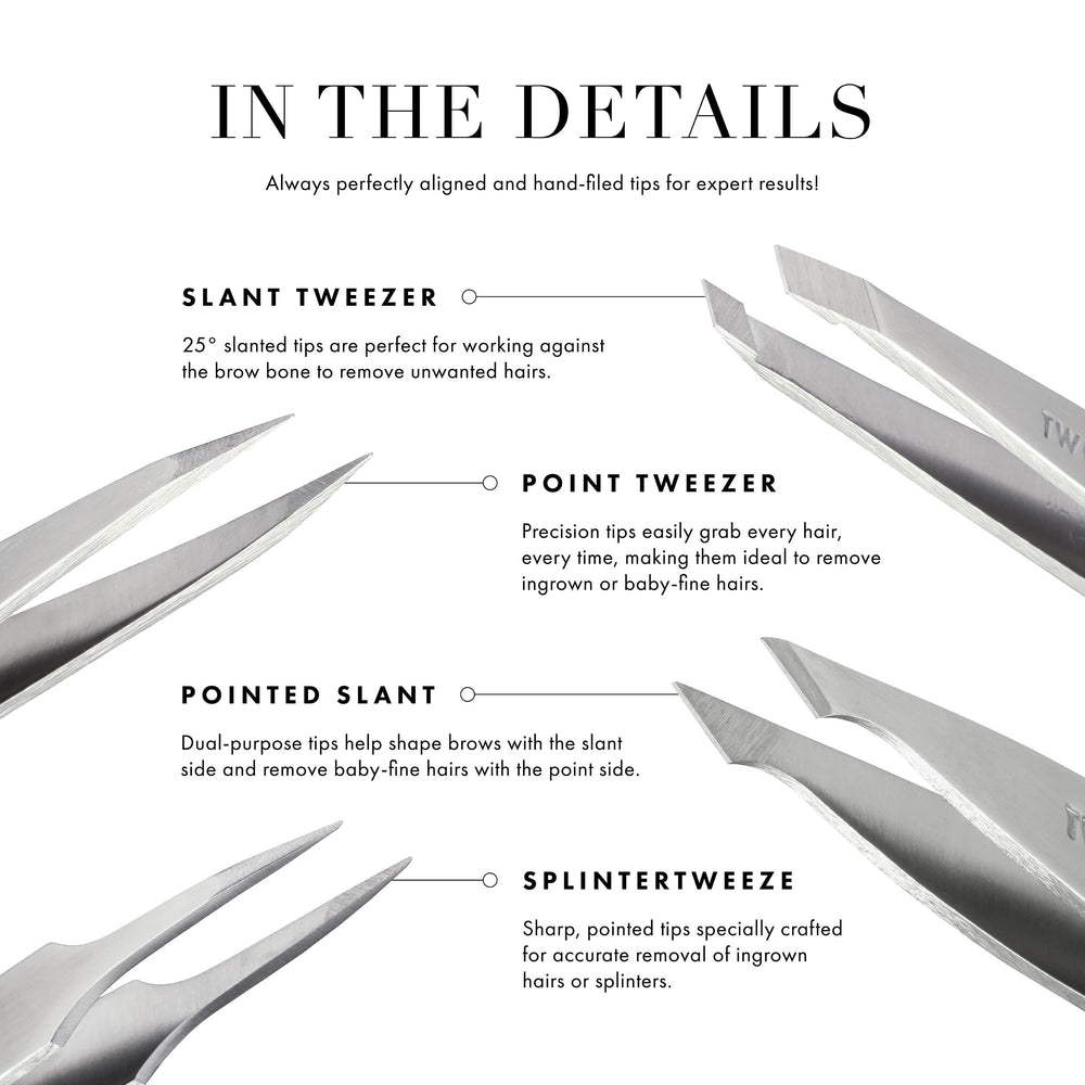 Tweezerman mini-tweezer stainless-steel-tips highlight durable, easy-to-clean tips.