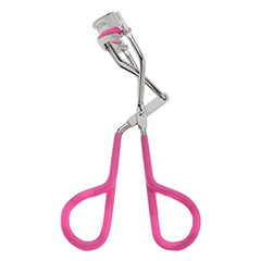 Tweezerman Neon Pink Comfort Grip Eyelash Curler in hand demonstrating ergonomic control.