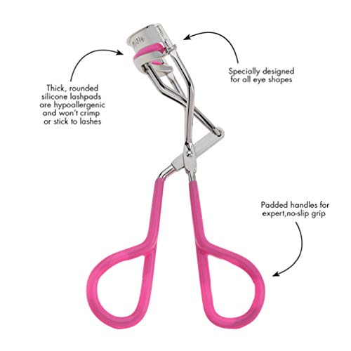 Tweezerman Neon Pink Comfort Grip Eyelash Curler with three replacement pads included.