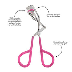 Tweezerman Neon Pink Comfort Grip Eyelash Curler with three replacement pads included.