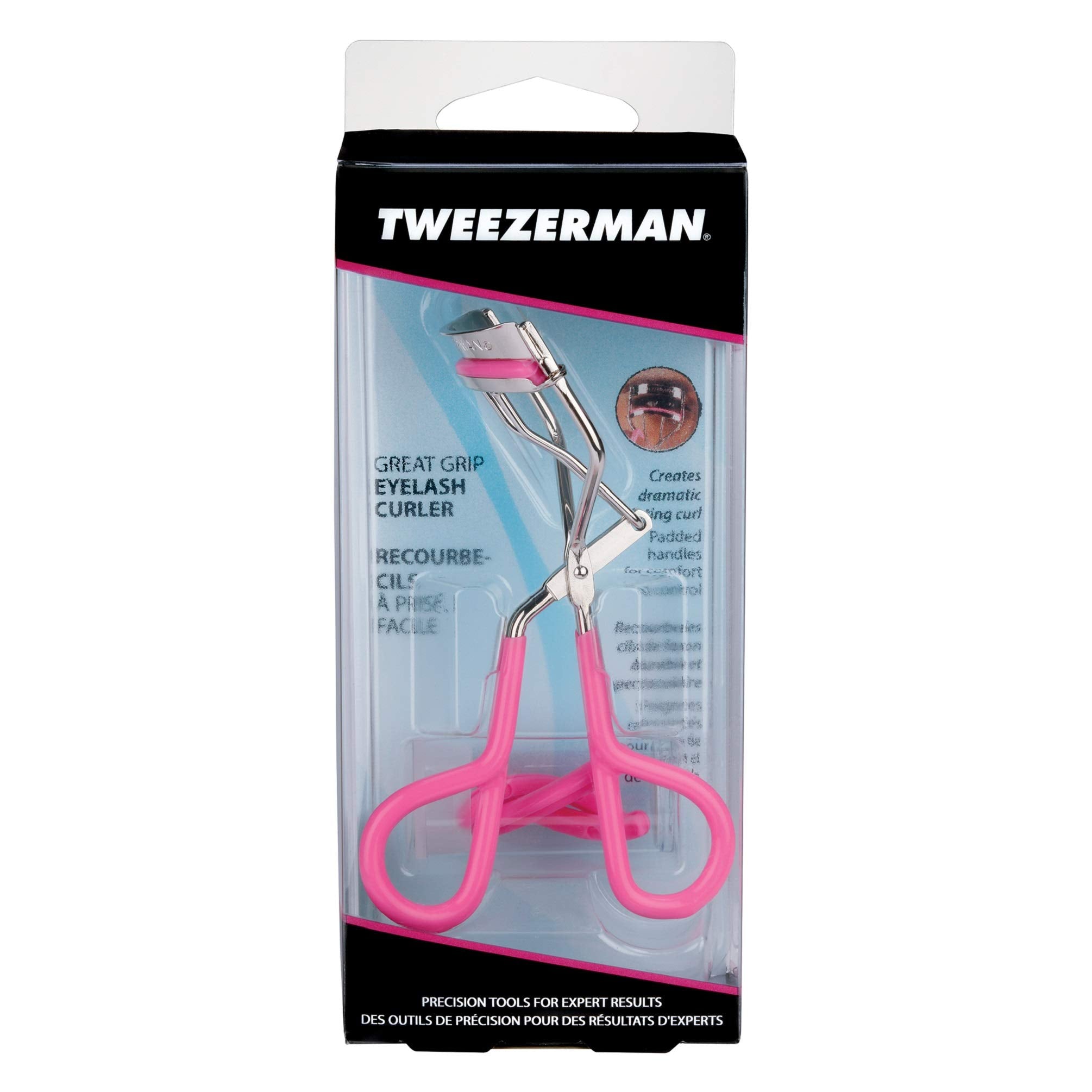 Tweezerman Neon Pink Curler beside mascara for ready, enhanced lash lift before makeup.