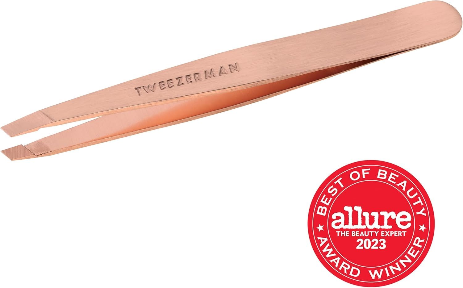 Close-up of perfectly aligned tips on Tweezerman rose-gold slant tweezer.