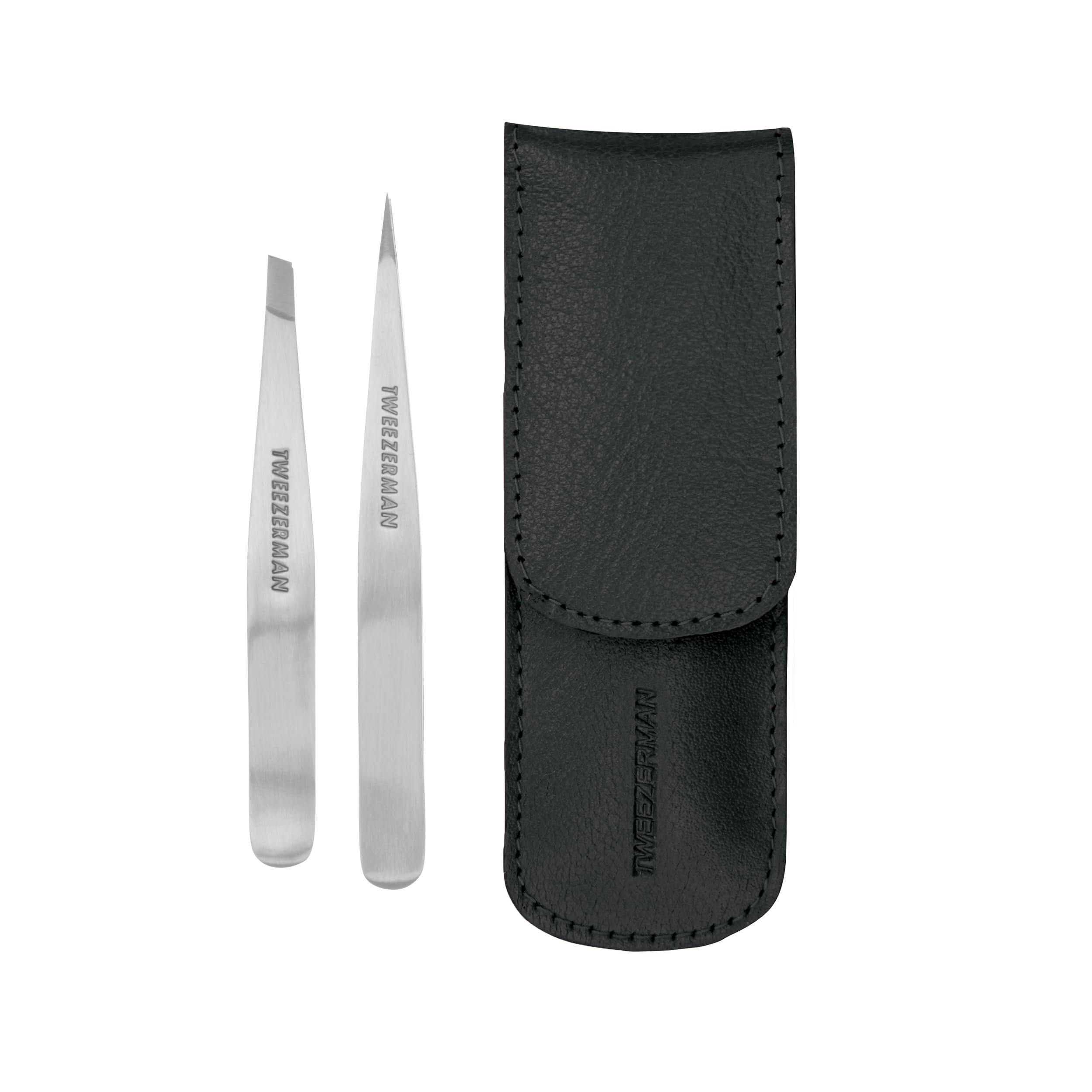 Tweezerman Petite Tweeze Set in black travel case for precise brow shaping on the go.
