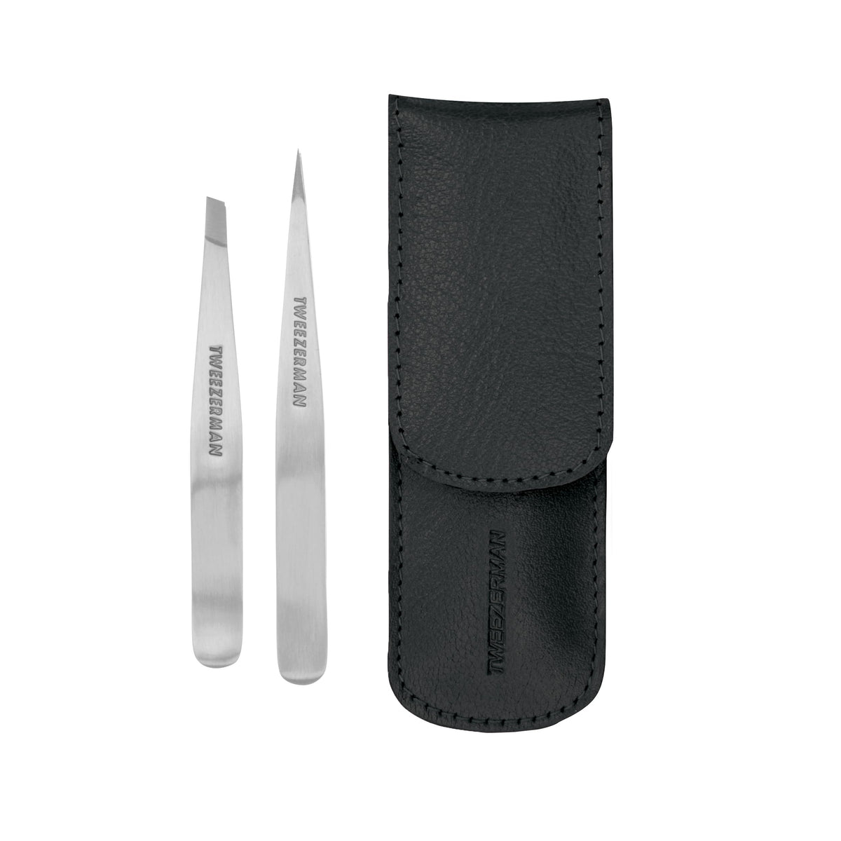 Tweezerman Petite Tweeze Set in black travel case for precise brow shaping on the go.