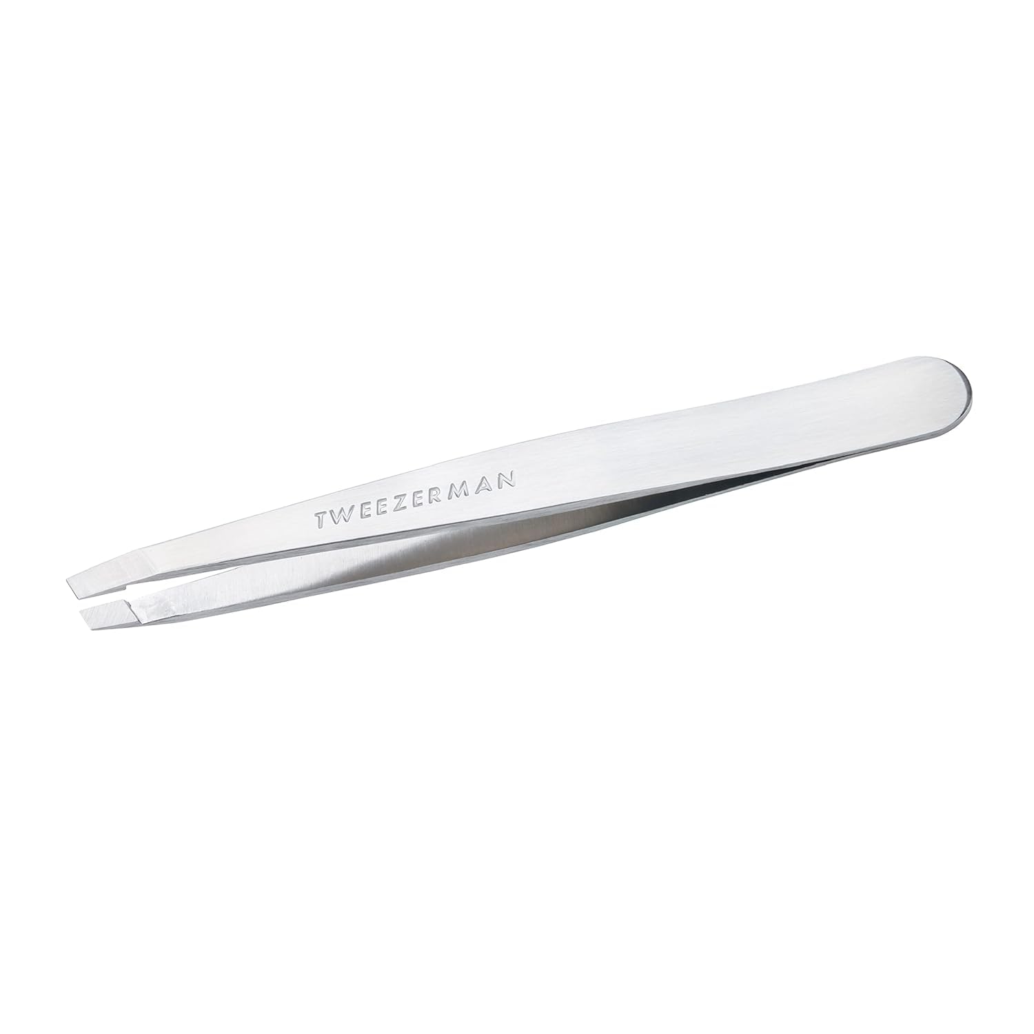 Tweezerman Platinum Slant Tweezer close-up showing precise tips for hair removal.