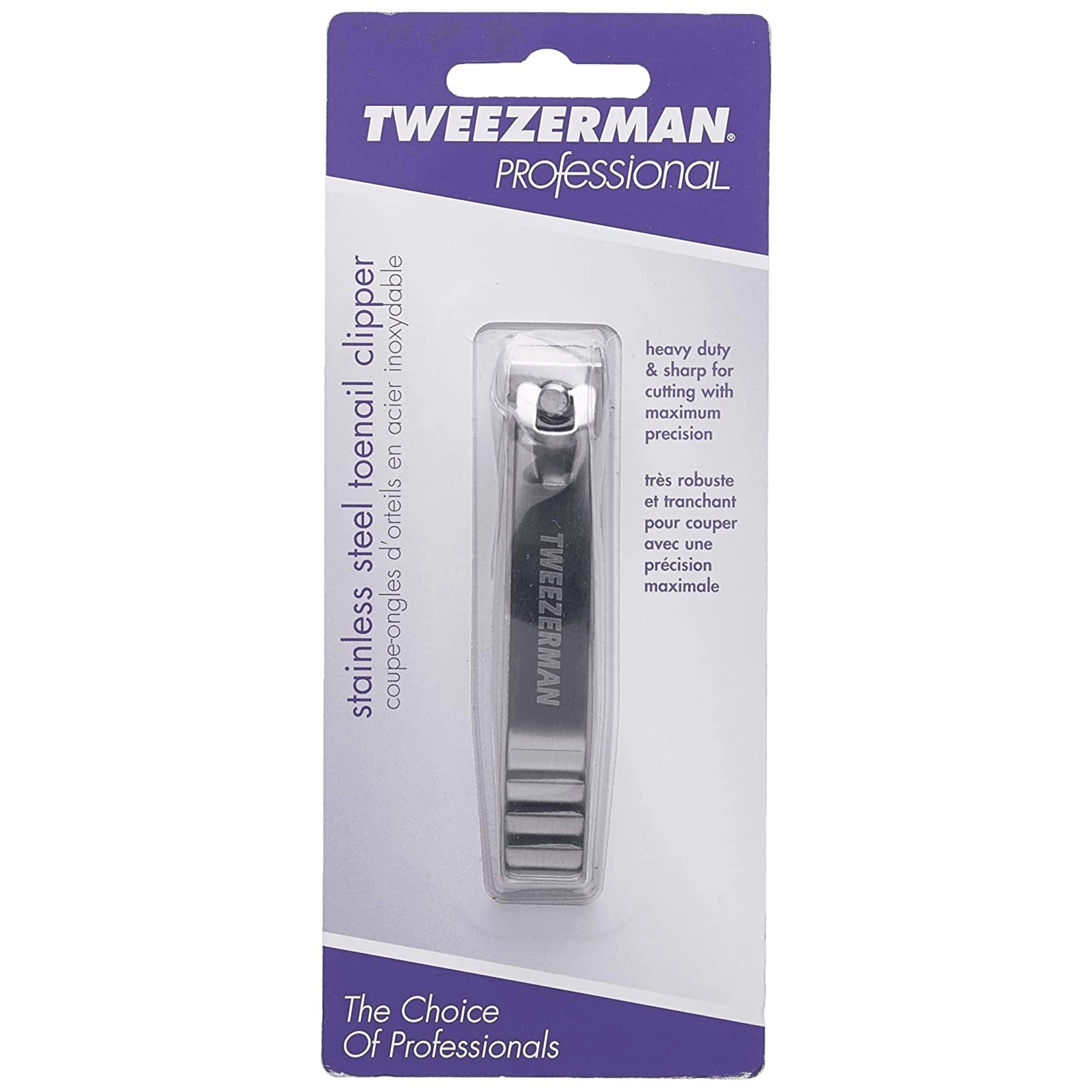 Tweezerman professional stainless steel toenail clipper closeup showing clean-cut results.