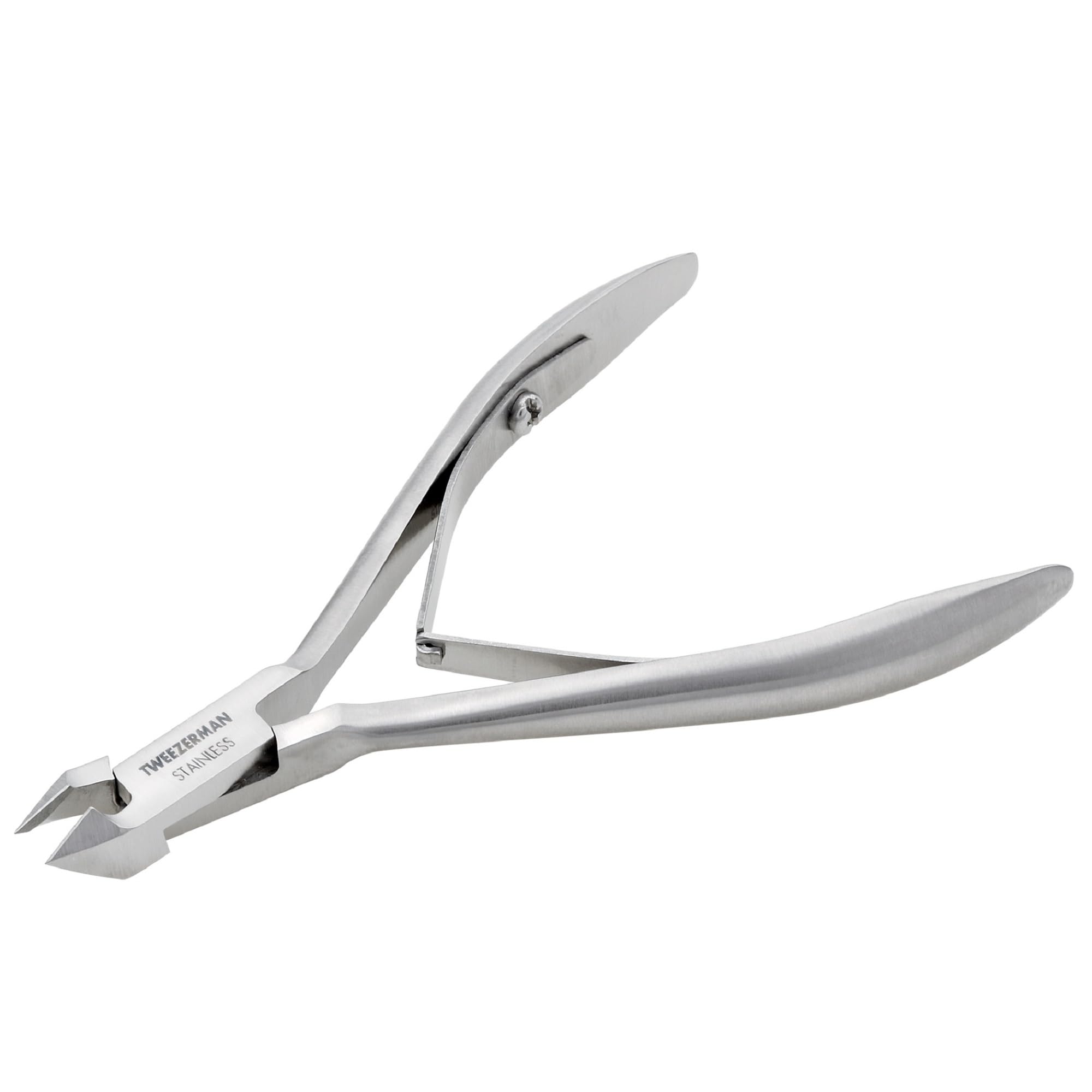 Tweezerman Rockhard cuticle nipper close-up shows sharp blades for precise trimming.