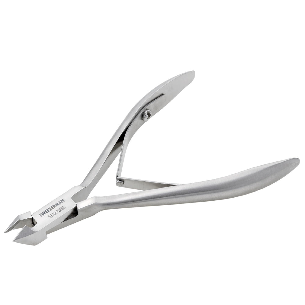 Tweezerman Rockhard cuticle nipper close-up shows sharp blades for precise trimming.