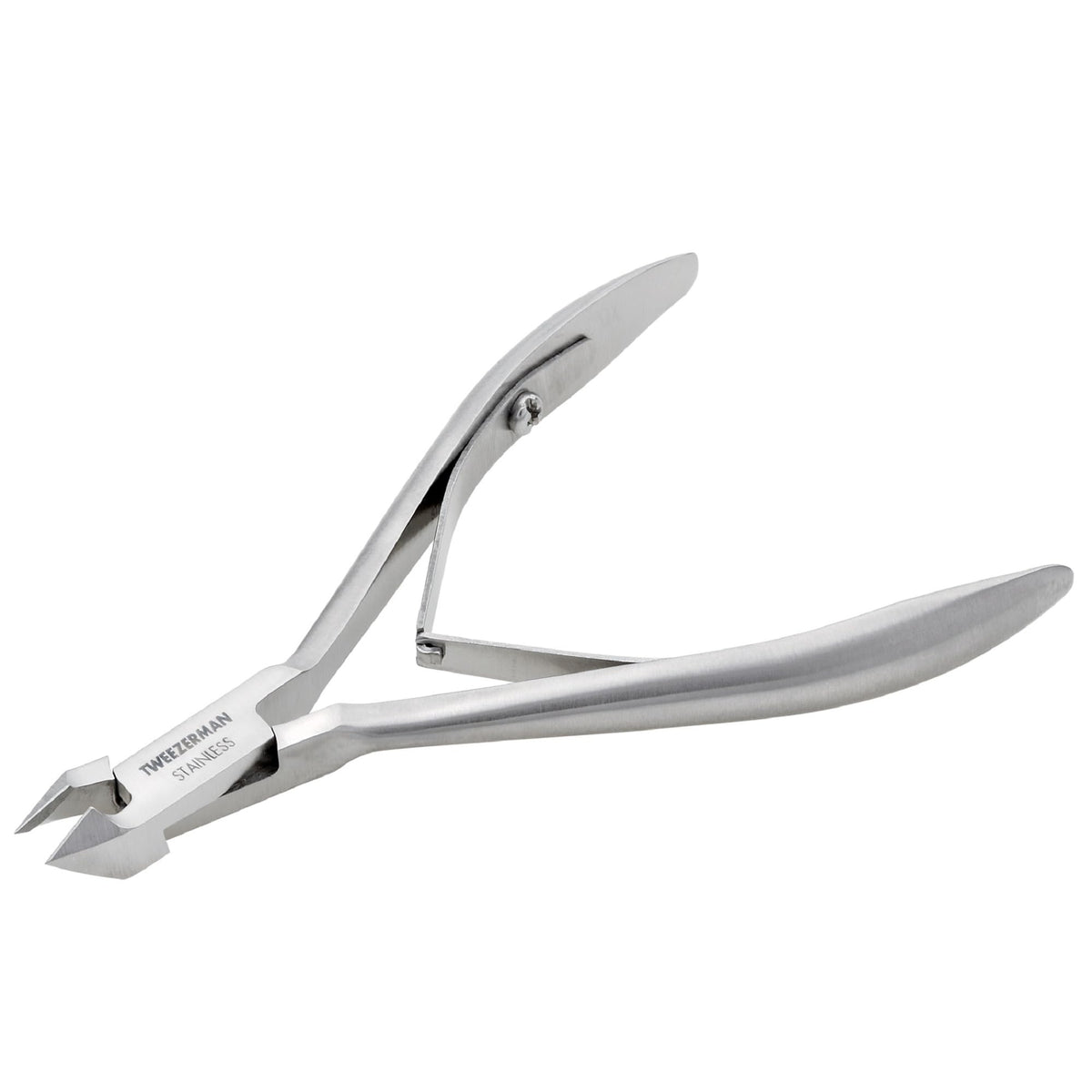 Tweezerman Rockhard cuticle nipper close-up shows sharp blades for precise trimming.